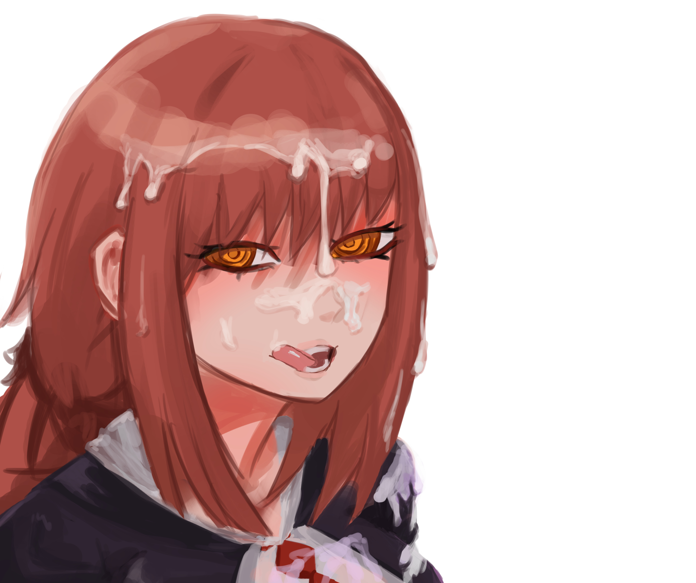 1girls, big breasts, breasts, chainsaw man, cum, cum in mouth, cum on face, facial, female, girly, lumae, makima (chainsaw man), red hair, suit