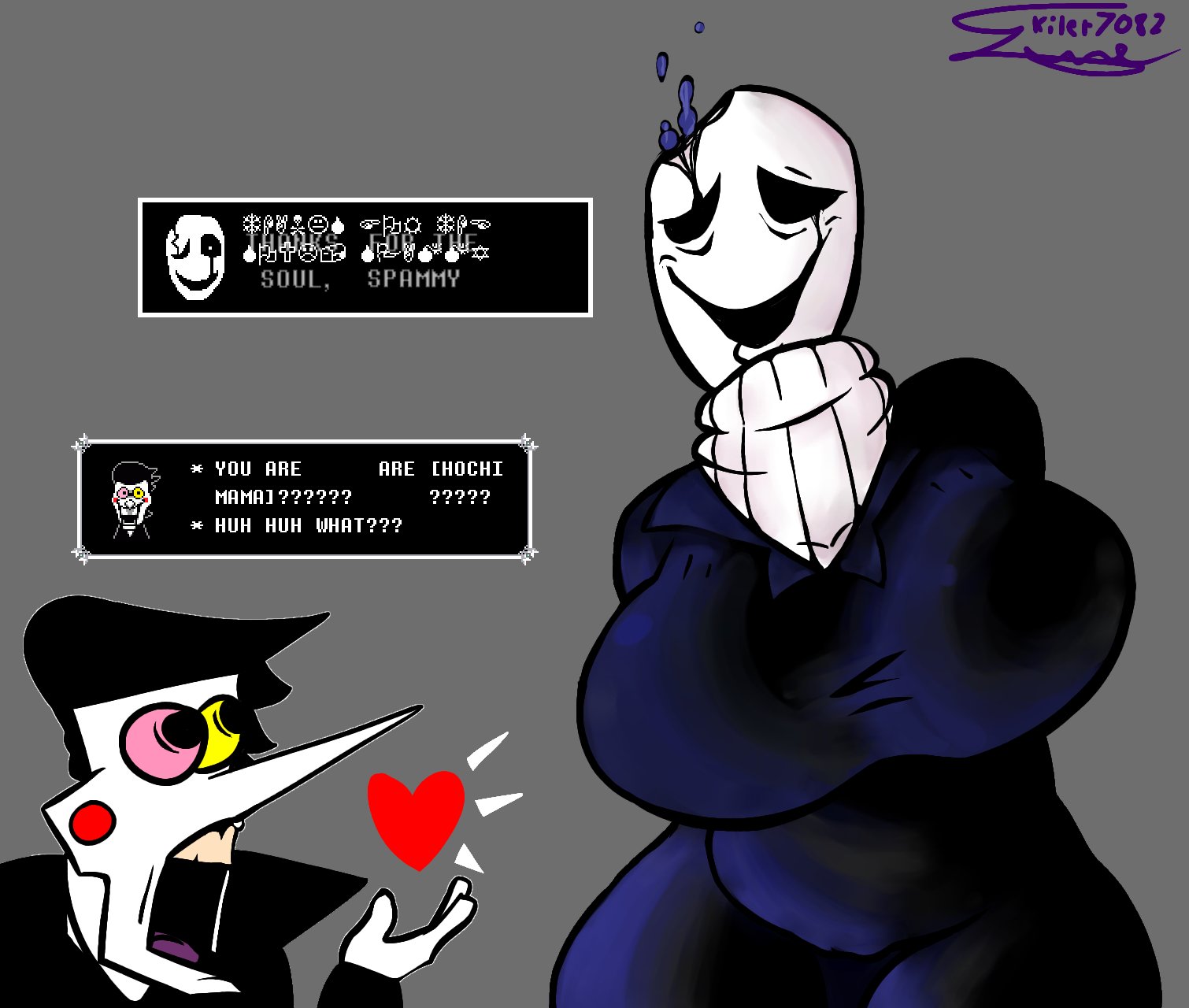 2d, 2d (artwork), breasts, deltarune, fem gaster, female, gaster, grey background, kiler7082, mysteryman, soul (deltarune), soul (undertale), spamton g spamton, tagme, text, text box, thick thighs, tight clothing, turtleneck, turtleneck sweater, undertale, undertale (series), white sweater, wingdings, wingdings text