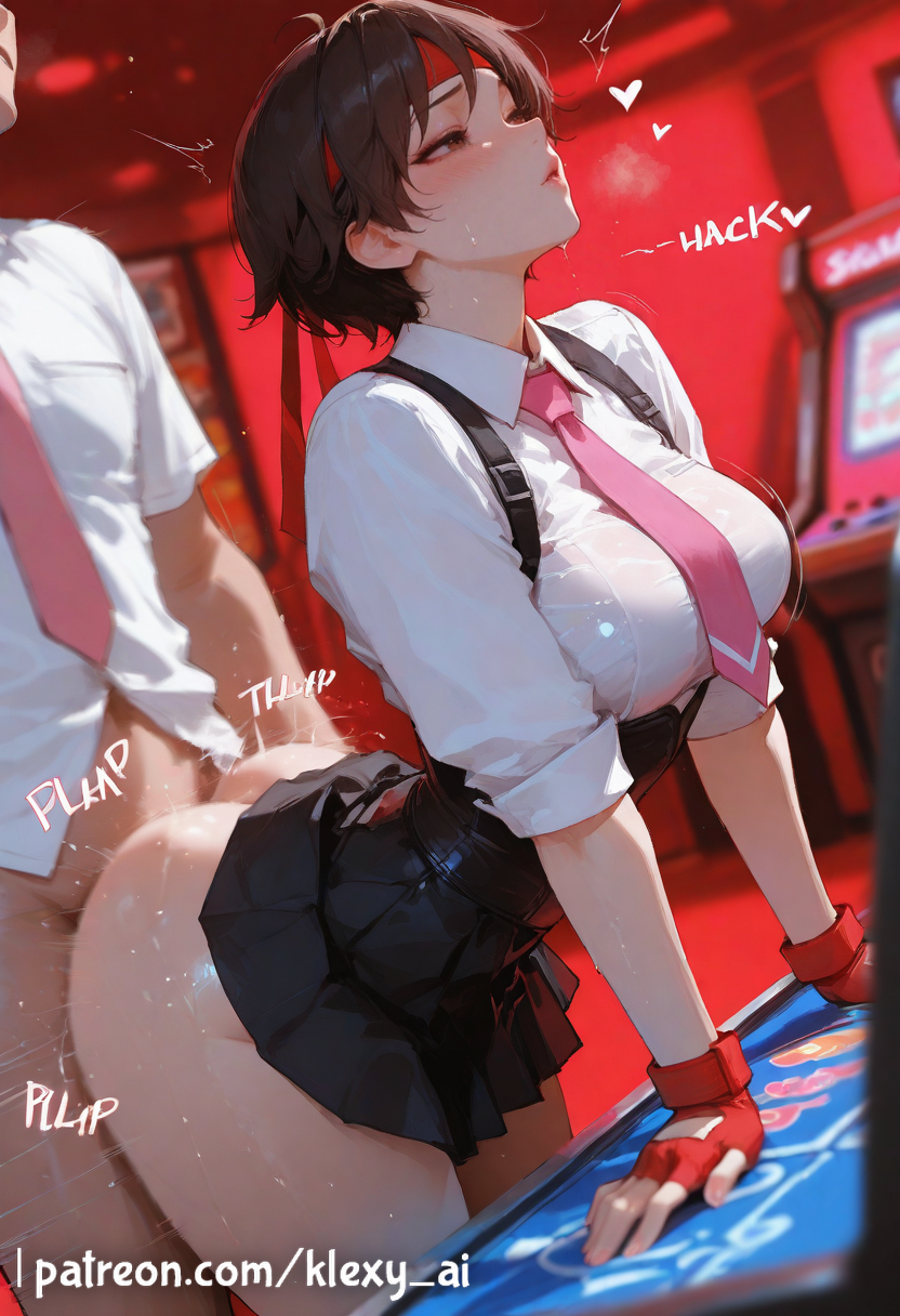 1boy, ai generated, big ass, big breasts, blush, breasts, close mouth, doggy style, female, female focus, female on cloth, headband, indoors, indoors sex, klexyai, looking at viewer, male, muscular, muscular male, penis, penis in pussy, pussy, sakura kasugano, street fighter, tagme, uncensored