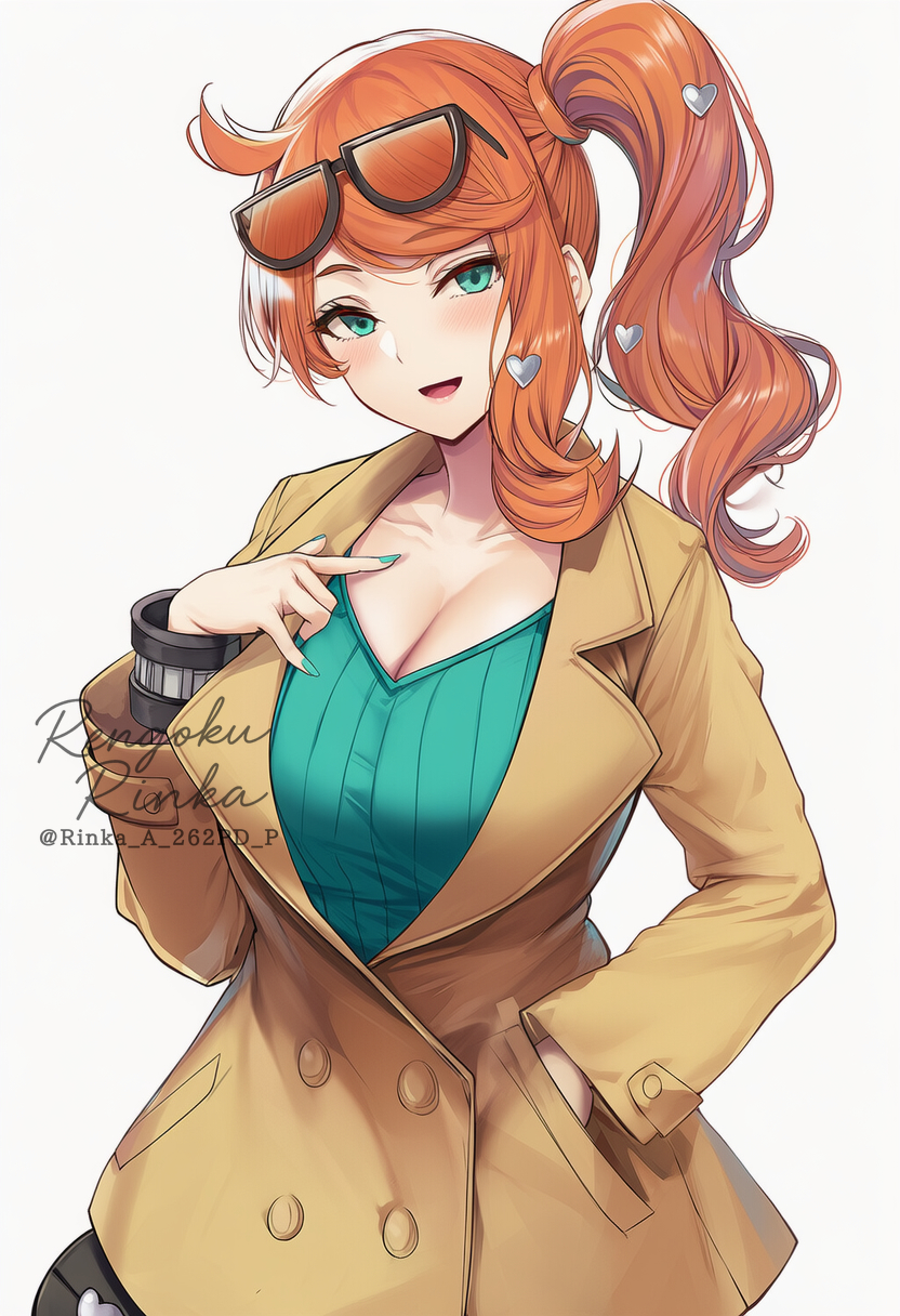 1girls, aqua eyes, artist name, artist request, big breasts, blush, breasts, brown coat, cleavage, coat, collarbone, eyewear on head, hair ornament, heart, heart hair ornament, large breasts, long hair, long sleeves, looking at viewer, open mouth, orange hair, pokemon, pokemon ss, side ponytail, smile, solo, sonia (pokemon), trench coat