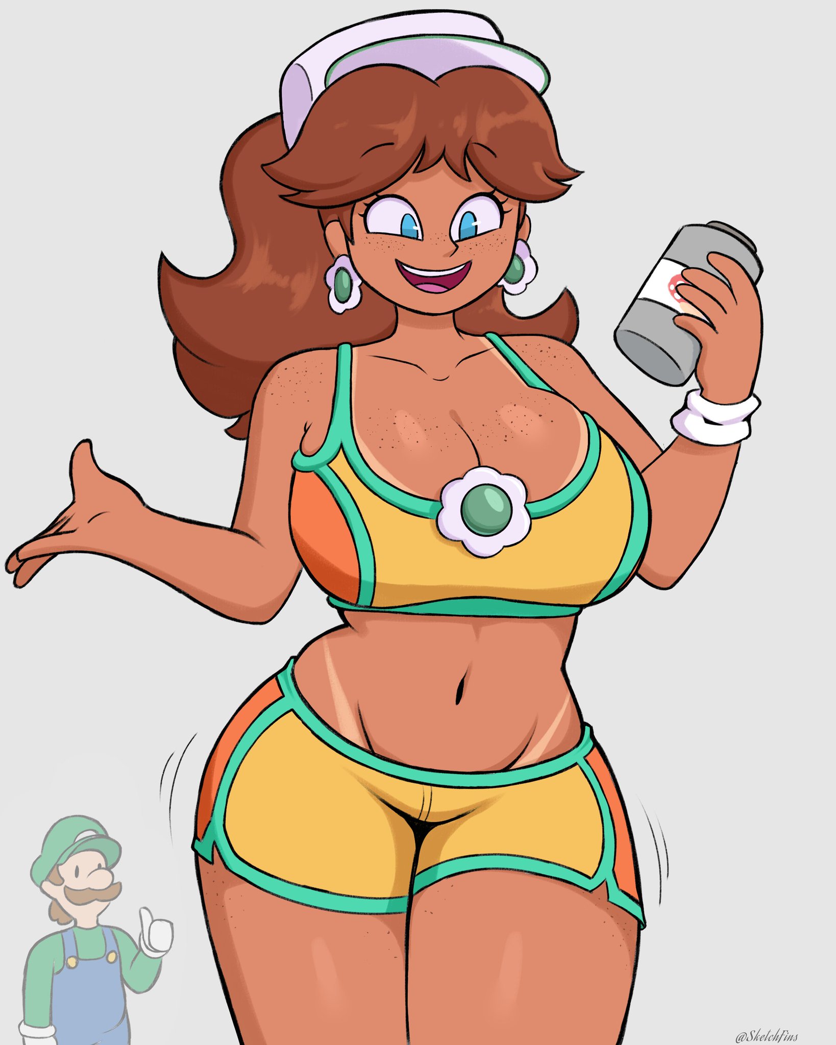 1boy, 1girls, artist name, bare shoulders, blue eyes, breasts, brown hair, cleavage, earrings, female, flower earrings, freckles, freckles on breasts, freckles on face, gloves, green hat, hat, large breasts, luigi, male, mario (series), mario kart, mario kart world, navel, nintendo, overalls, princess daisy, princess daisy (swimwear), sexy, short hair, simple background, sketchfins, swimwear, tanline, thick thighs, thighs, thumbs up, white gloves