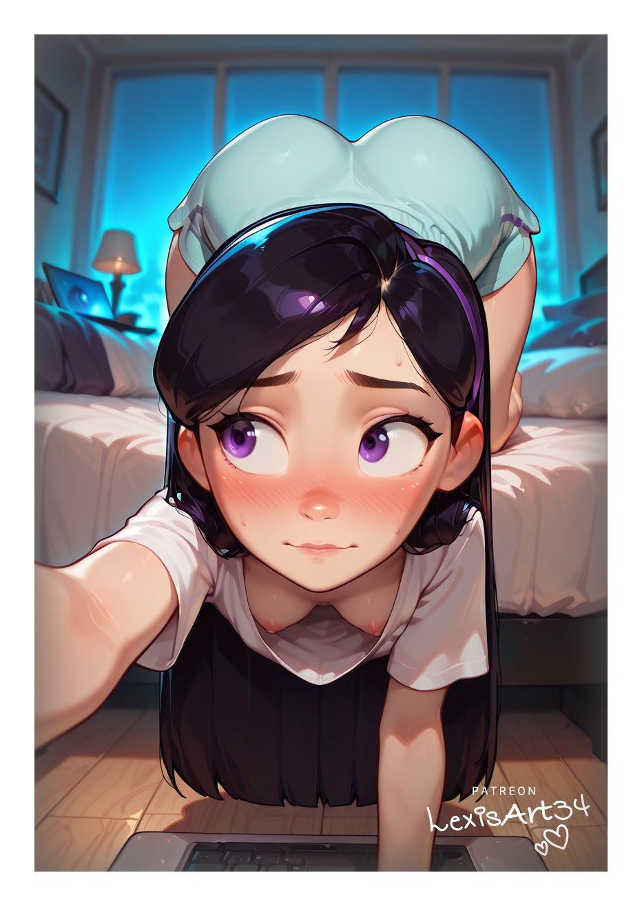 1girls, ai generated, ass, blush, breasts, downblouse, hanging breasts, indoors, lexisart34, nipple slip, nipples, no bra, small breasts, solo, sweat, the incredibles, violet parr