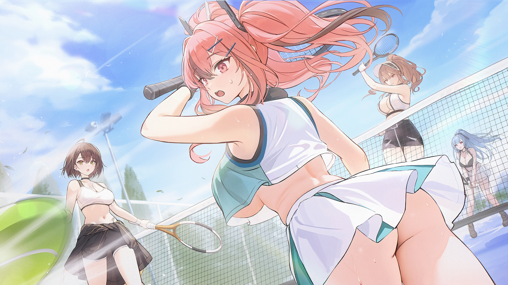 4girls, ass, ass focus, azur lane, ball, baltimore (azur lane), baltimore (black ace) (azur lane), blue hair, breasts, bremerton (azur lane), bremerton (scorching-hot training) (azur lane), brown hair, clemenceau (azur lane), clemenceau (splendid breeze) (azur lane), female, game cg, gluteal fold, highres, holding, holding racket, jumping, large breasts, marco polo (azur lane), multiple females, multiple girls, net, no bra, no panties, non-web source, pink eyes, pink hair, ponytail, racket, red eyes, short hair, sportswear, surprised, tennis ball, tennis court, tennis racket, tennis uniform, twintails, underboob, upskirt, yellow eyes