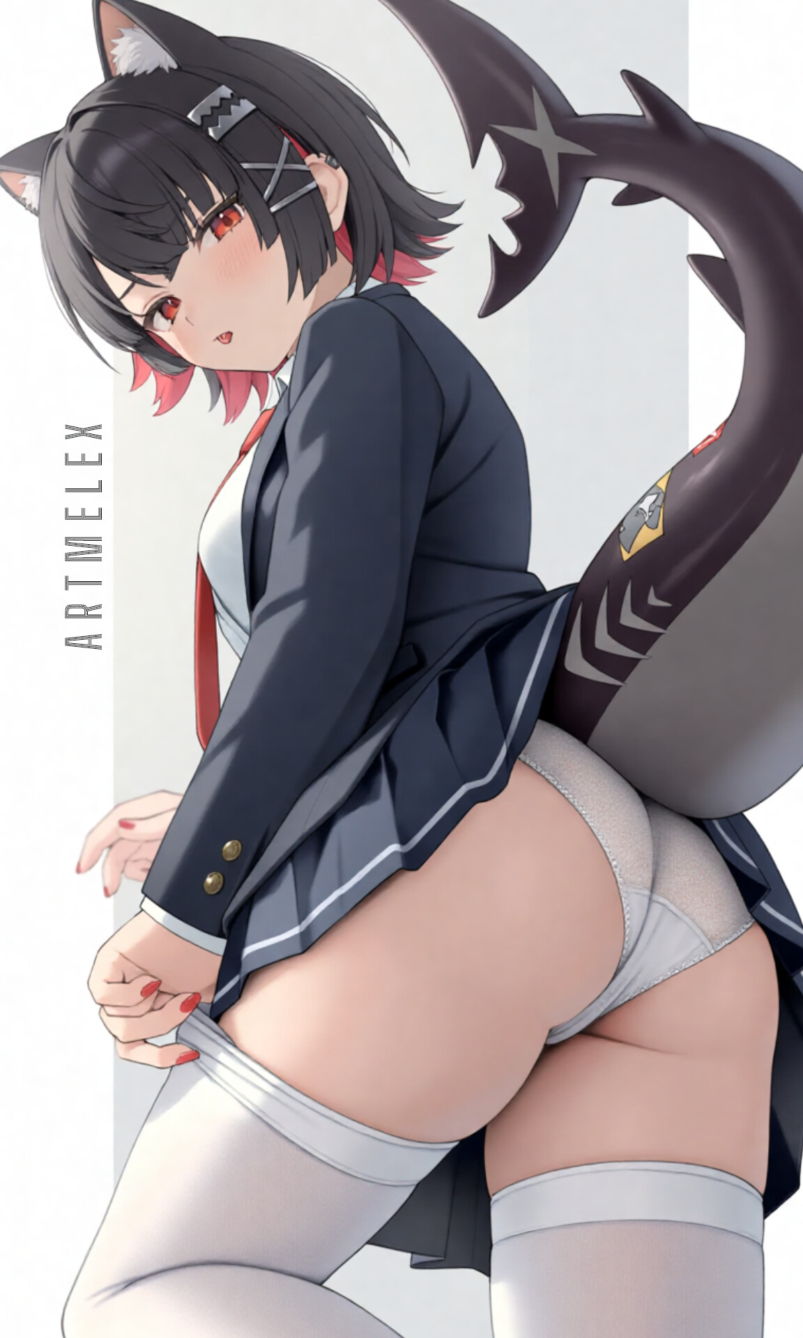 ai generated, anime, big ass, big breasts, black hair, breasts, cat ears, cute, ellen joe, female, game, pussy, red eyes, sexy, sexy pose, shark, shark girl, shark tail, short hair, shy, vagina, zenless zone zero