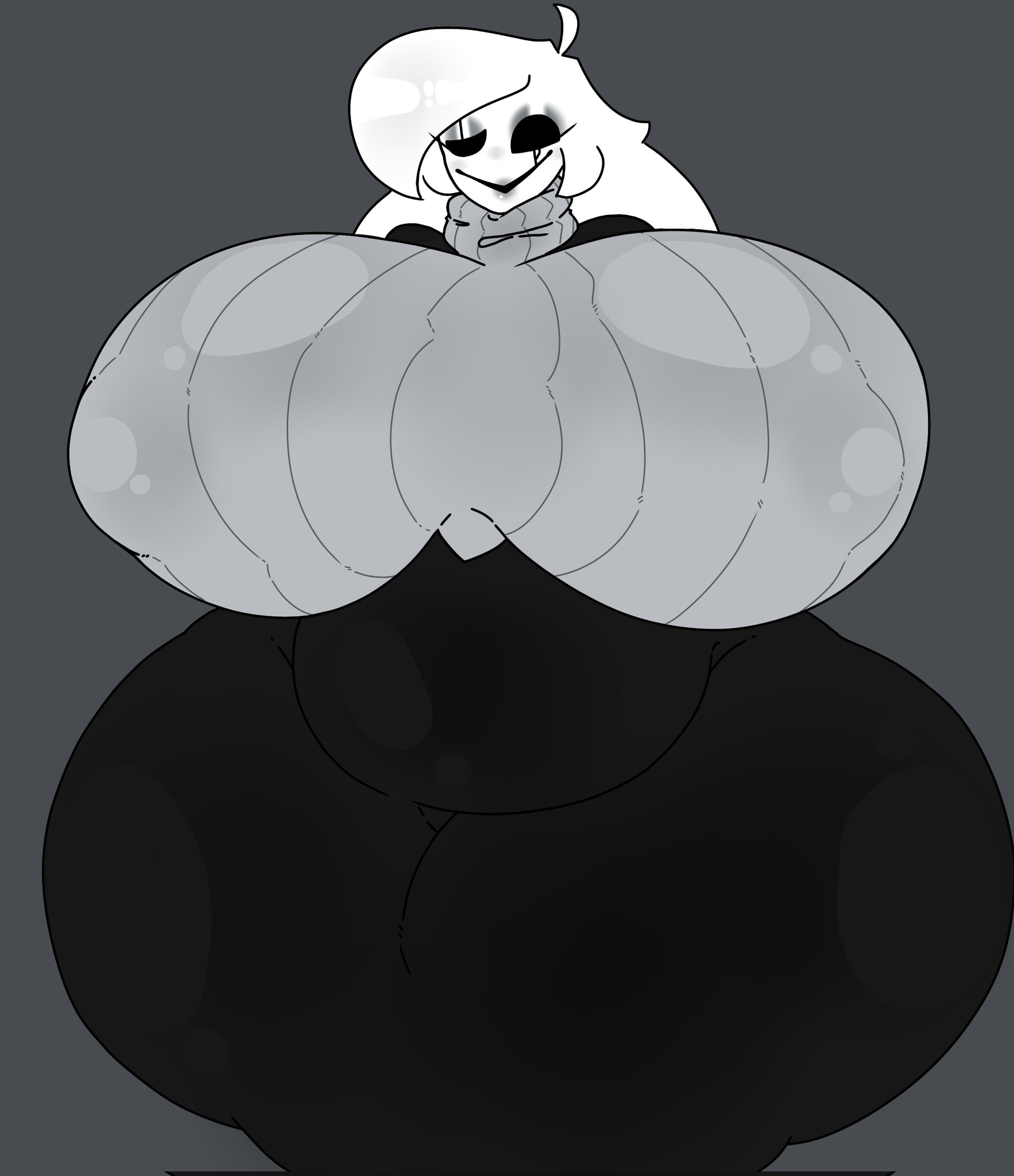 2d, 2d (artwork), belly, big breasts, black dress, breasts, fem gaster, female, female only, gaster, grey background, grey sweater, hair, huge breasts, long hair, mysteryman, rule 63, solo, solo female, sweater, tagme, thick thighs, tight clothing, tight dress, turtleneck, turtleneck sweater, undertale, undertale (series), white hair, yureikok