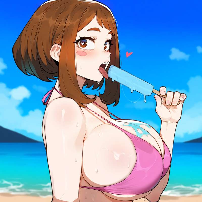 1girls, ai generated, big breasts, bikini, boku no hero academia, breasts, brown hair, brown-haired female, creamy ai, female, hair, light skin, light-skinned female, my hero academia, ochako uraraka, pink bikini, popsicle, short hair, solo, solo female, tagme, uraraka ochako