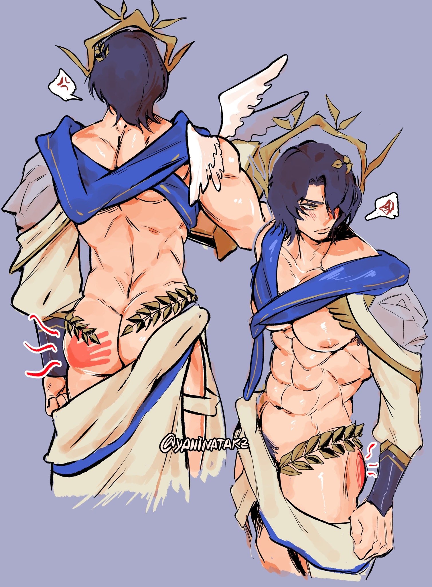 abs, almost naked, annoyed, back view, blue hair, blush, bush, dr. ratio (honkai: star rail), front view, gold eyes, honkai: star rail, male, male only, muscular, muscular male, simple background, slap mark, solo, wings, yahinatakz