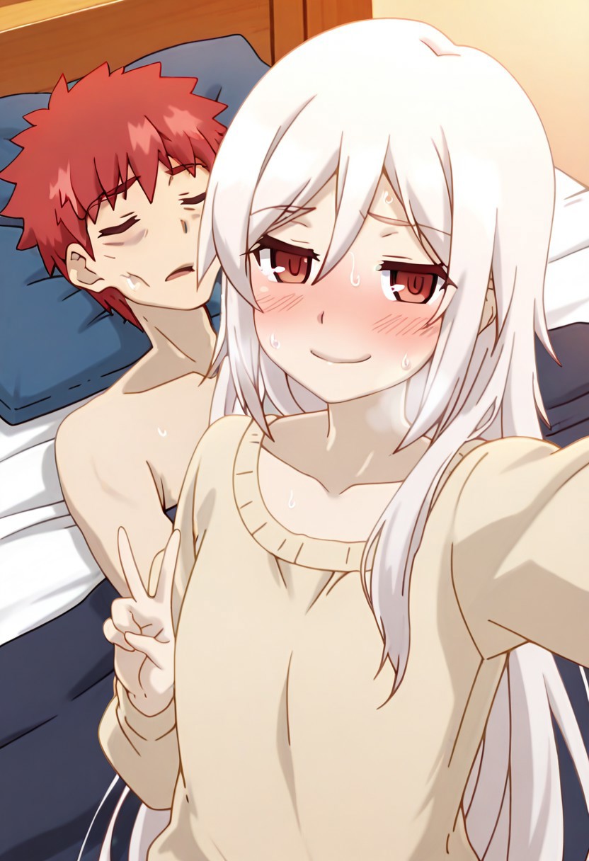 1boy, 1girls, after sex, ai generated, anonymous artist, bed, blanket, blush, breast outline, breasts, breath, brown eyes, closed eyes, collarbone, couple, cowgirl position, emiya shirou, exhausted, fate (series), fate/kaleid liner prisma illya, fate/stay night, female, good end, guy tired after sex (meme), hair between eyes, heavy breathing, heterosexual, hi res, high resolution, highres, illyasviel von einzbern, implied sex, indoors, light-skinned female, long hair, looking at viewer, male, meme, messy hair, older female, older female and younger male, on bed, orange hair, pale skin, peace sign, pillow, red eyes, red hair, selfie, short hair, sick, sleeping, small breasts, smile, smiling, smiling at viewer, step-incest, stepsister, straight, sweat, sweater, unconscious, under covers, v, white hair