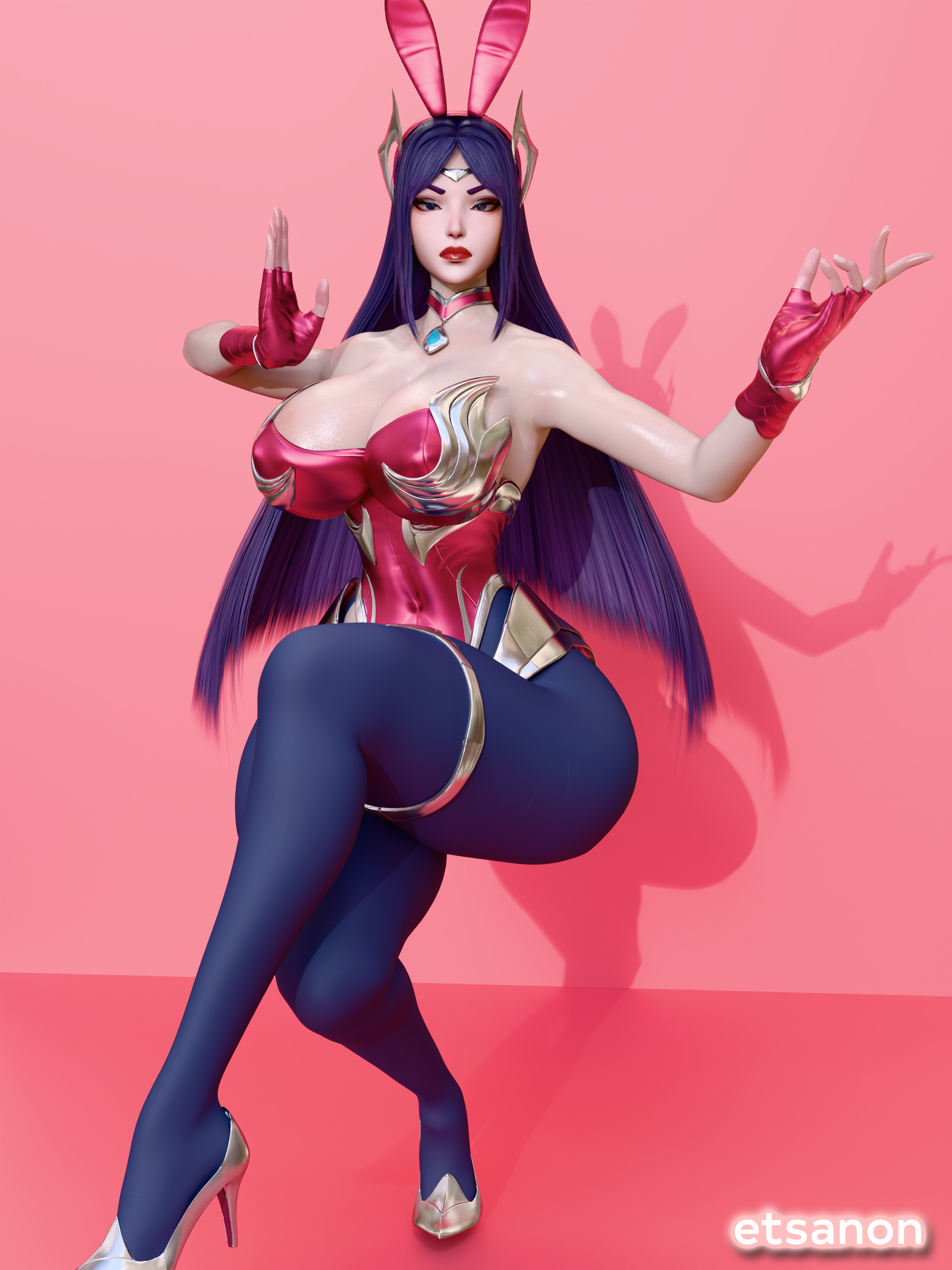 3d, 3d (artwork), 3d model, 3d render, angry, angry face, areola slip, areolae, ass, bimbo, bimbo body, bimbo lips, bimbofied, blender, blender (artwork), blender (software), blender cycles, blue eyes, blue leggings, breasts, bunny costume, bunny ears, bunny girl, bunnysuit, circlet, cleavage, collar, collarbone, corset, crouching, diadem, disappointed look, disapproval, etsa, etsanon, exposed shoulders, eyeliner, eyeshadow, female, fighting pose, fighting stance, fingerless gloves, glossy, glossy body, glossy lips, glossy skin, hair ornament, heels, huge ass, huge breasts, irelia xan, league of legends, league of legends: wild rift, leggings, light skin, light-skinned female, mascara, necklace, oiled, oiled body, oiled breasts, oiled skin, pale skin, pale-skinned female, partially nude, pink background, pinup, posing, posing for picture, pout, pouting, pouty lips, purple hair, red gloves, red lipstick, riot games, round ass, round breasts, round butt, ryanreos, squatting, thick, thick ass, thick legs, thick thighs, tights, voluptuous, voluptuous female