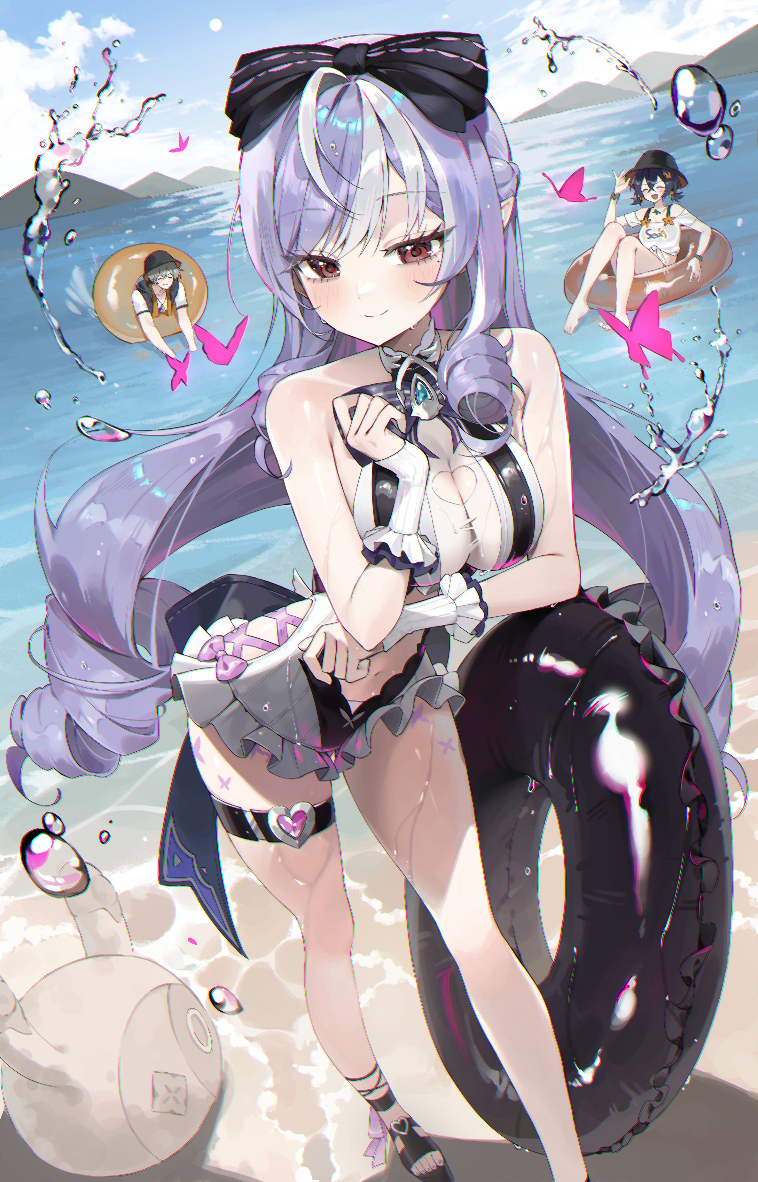1boy, 2girls, belle (summer skies) (zenless zone zero), belle (zenless zone zero), black hair, breasts, bucket hat, chama (chacoc0), exposed breasts, female, grey hair, hoyoverse, legs, long hair, mihoyo, official alternate costume, purple hair, red eyes, swimsuit, vivian banshee, vivian banshee (iris of the shore), white swimsuit, wise (peaceful waves) (zenless zone zero), wise (zenless zone zero), zenless zone zero