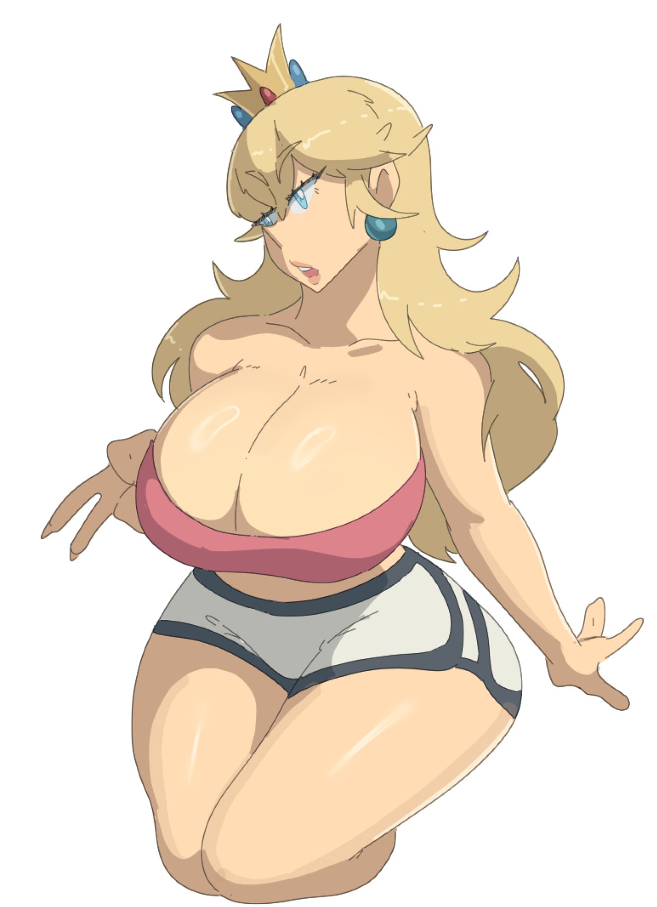 1girls, bare shoulders, big breasts, blonde hair, blue earrings, blue eyes, breasts, bursting breasts, busty, cleavage, crown, dolphin shorts, earrings, female, gold crown, half-closed eyes, large breasts, leedraw11, legs, long hair, mario (series), midriff, nintendo, pink top, pink topwear, princess peach, shorts, simple background, sitting, solo, solo focus, thick thighs, thighs, top, tube top, tubetop, voluptuous, white background