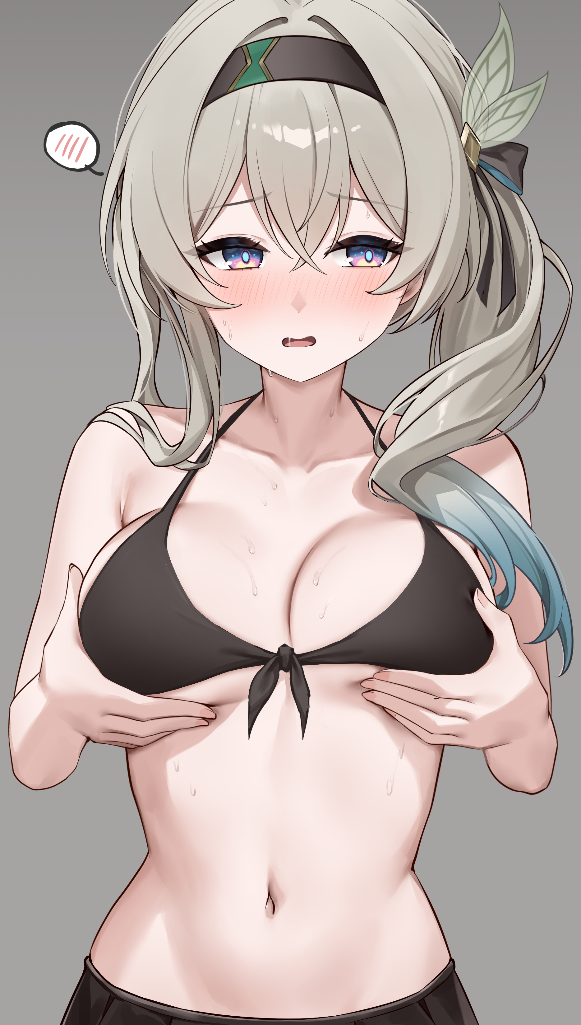 absurdres, alternate costume, alternate hairstyle, bare shoulders, bikini, bikini top only, black bikini, black bow, black clothing, black hairband, blush, bow, breast lift, breasts, cleavage, collarbone, commentary, female, fingernails, firefly (honkai: star rail), front-tie bikini top, front-tie top, gradient hair, green hair, grey background, grey hair, hair between eyes, hairband, hairbow, halterneck, highres, honkai (series), honkai: star rail, long hair, looking to the side, lunacle, multicolored hair, navel, open mouth, paid reward available, saliva, side ponytail, sideways glance, simple background, solo, spoken blush, stomach, string bikini, sweat, swimsuit, symbol-only commentary, upper body