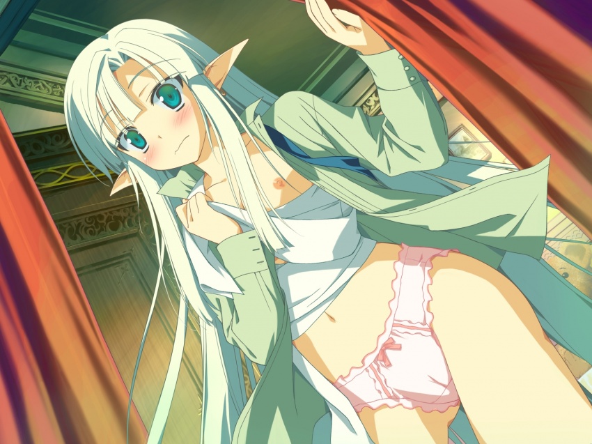 1girls bandages bangs bed blunt_bangs blush bow bow_panties breasts cameltoe collarbone curtains dress_shirt dutch_angle earrings elf embarrassed female flat_chest frilled_panties frills game_cg green_eyes green_hair highres indoors jewelry long_hair midriff navel nipple_slip nipples no_pants open_clothes open_shirt panties photo_(object) picture pink_panties pointy_ears ribbon ruru ruruguno_janus_enfinus sarashi see-through shida_kazuhiro shirt solo standing stuffed_animal stuffed_toy surprised teddy_bear underwear undressing very_long_hair white_hair wiz_anniversary