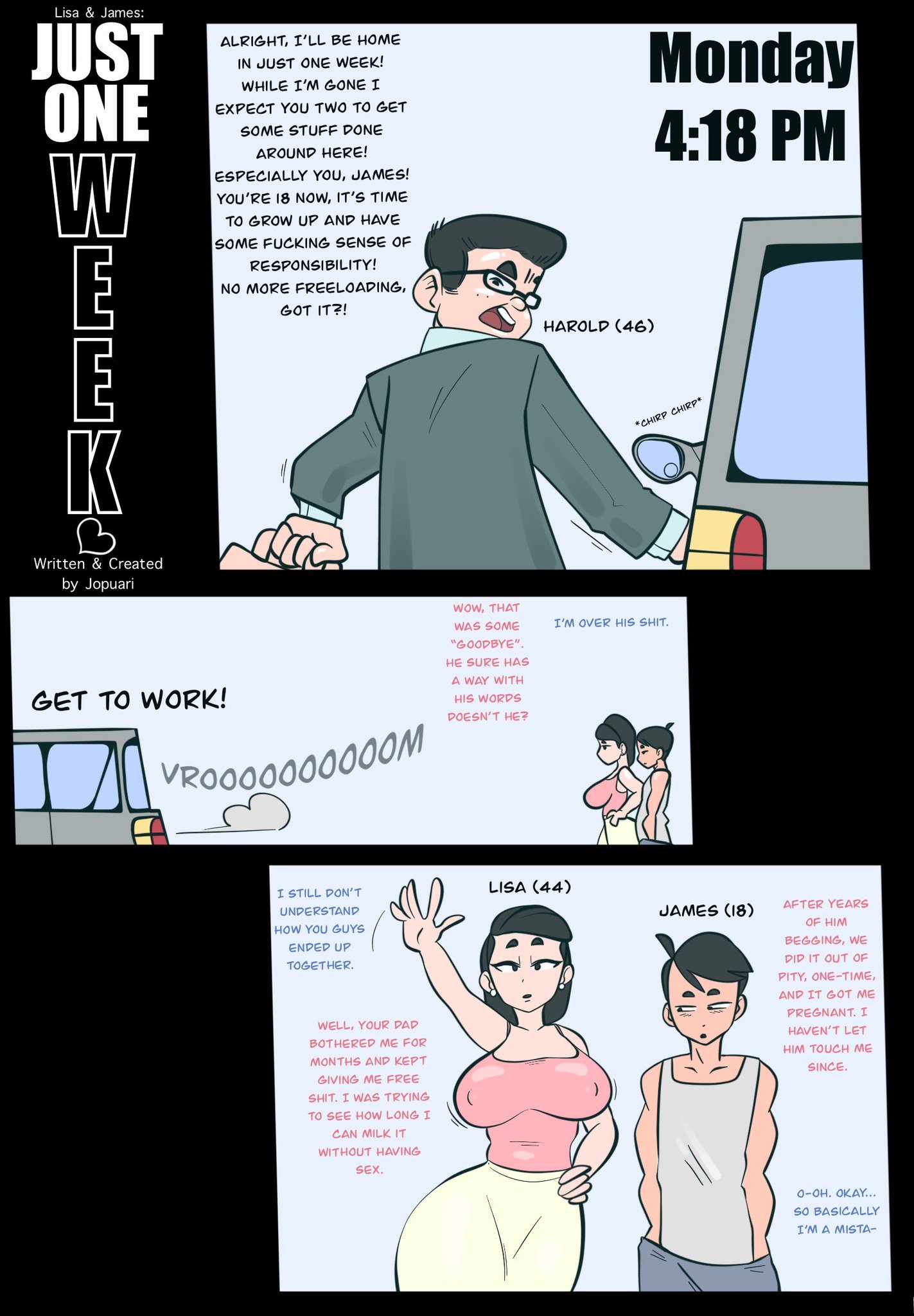 1boy, 1boy1girl, 1girls, age difference, ass, ass bigger than head, big ass, big breasts, big thighs, breasts, breasts bigger than head, comic, comic page, curvaceous, curvy, curvy figure, digital media (artwork), dumptruck ass, dumptruck butt, female, hips, hourglass figure, huge ass, huge breasts, huge thighs, incest, james (jopuari), jopuari, large ass, large breasts, large thighs, legs, light skin, light-skinned female, lisa (jopuari), male, male/female, mature, mature female, milf, mother, mother and son, netorare, older female, older female and younger male, original, original character, original characters, sex, slim waist, son, story, straight, thick, thick hips, thick legs, thick thighs, thighs, thighs bigger than head, voluptuous, waist, wide hips, wide thighs, younger male
