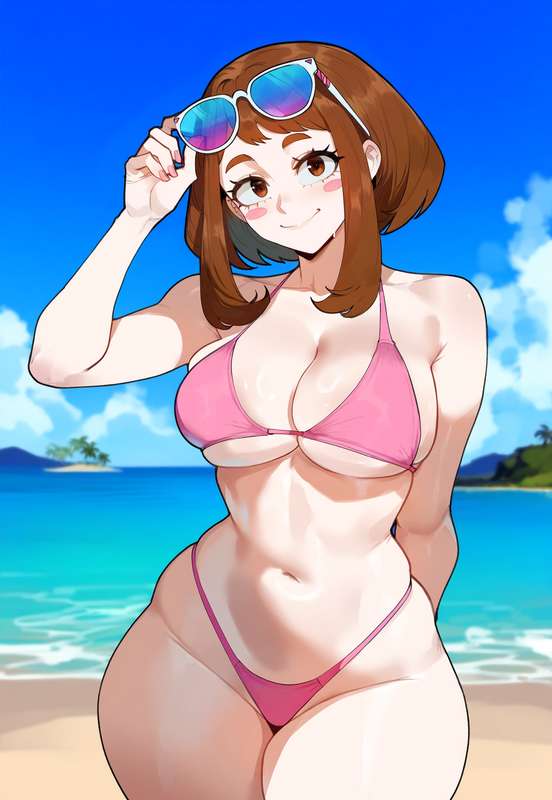 1boy, 1girls, ai generated, bikini, boku no hero academia, brown hair, brown-haired female, creamy ai, dark skin, dark-skinned male, female, hair, light skin, light-skinned female, male, my hero academia, ochako uraraka, pink bikini, short hair, tagme, uraraka ochako