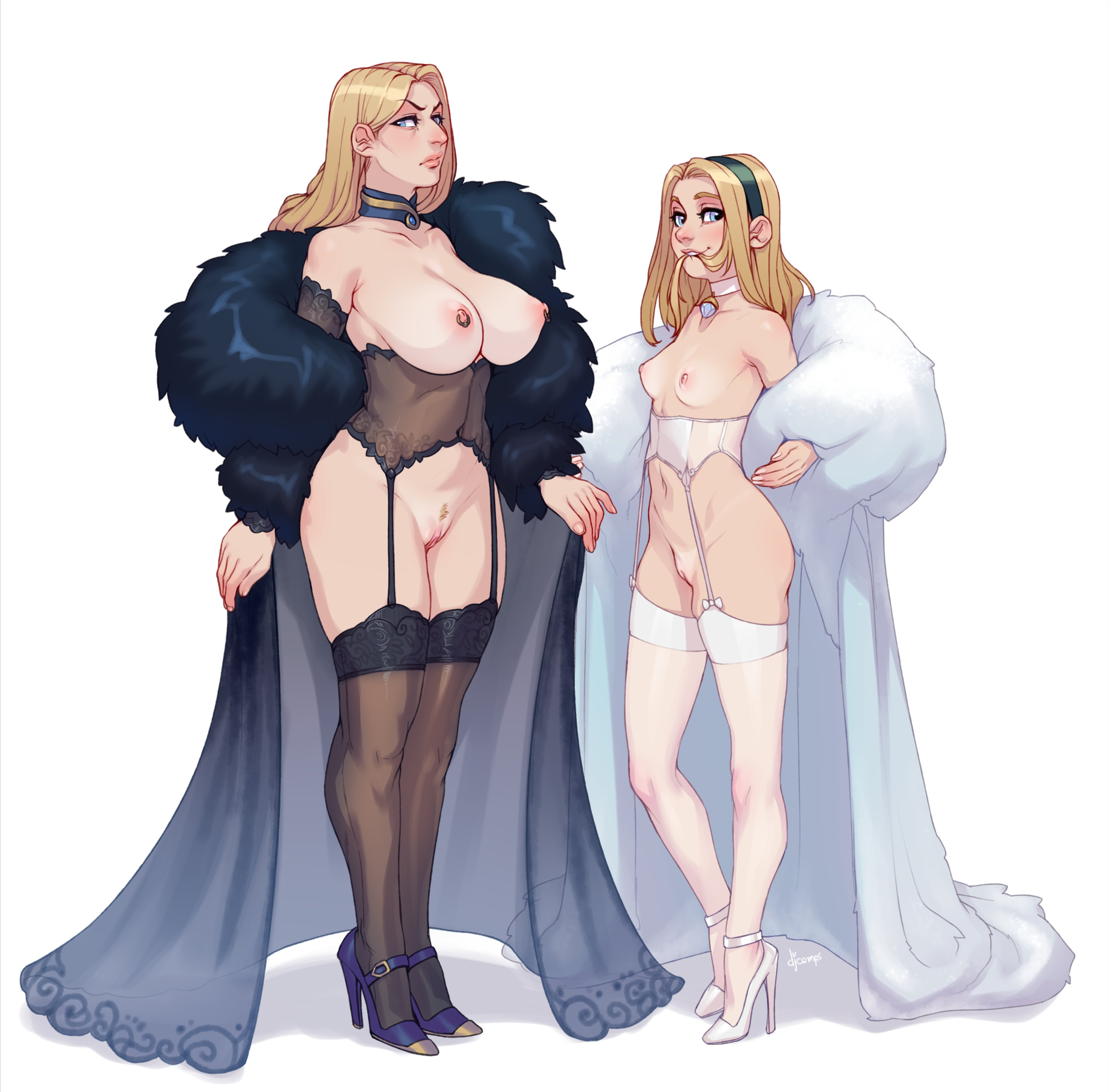 2girls, big breasts, breasts, breasts bigger than head, breasts out, enormous breasts, female, female only, fizzz, giant breasts, gigantic breasts, high heels, huge breasts, huge butt, huge thighs, human, large breasts, league of legends, luxanna crownguard, naked footwear, nipple piercing, revealing clothes, skimpy, small breasts, standing, stiletto heels, thick ass, thick legs, thick thighs, thunder thighs, thunderthighs, tianna crownguard, very high heels, voluptuous, wide hips, wide thighs
