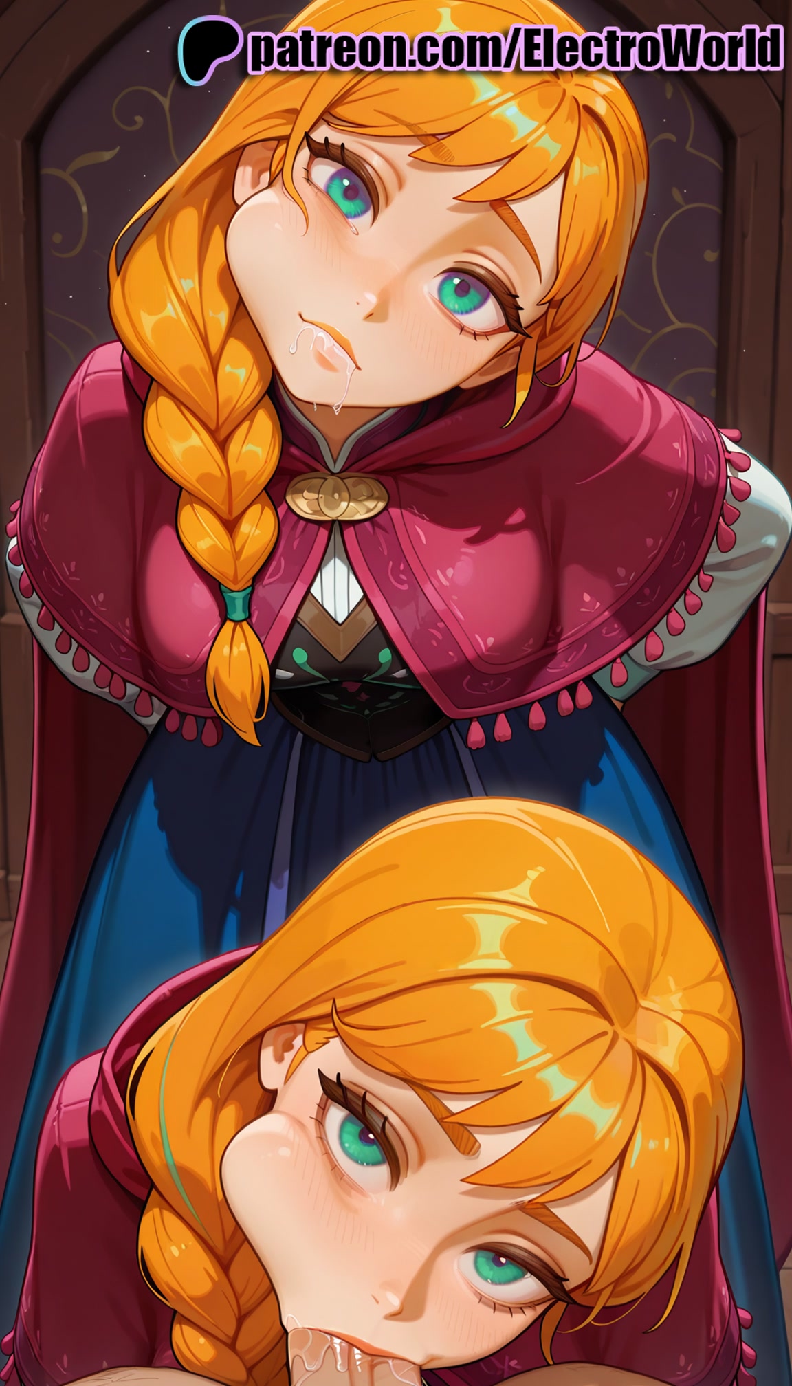 1girls, 2025, 3girls, ai generated, anna (frozen), aqua eyes, artist name, blowjob, blowjob face, braid, breasts, cape, clothing, cum, cum in mouth, cum in nose, disney, dress, electroworld, facial, fellatio, female, frozen (film), hair over shoulder, hi res, high quality, high resolution, highres, hood, licking, long hair, medium breasts, multiple females, multiple girls, oral, oral sex, orange hair, patreon, patreon username, stable diffusion, sucking, twin braids, uncensored, watermark
