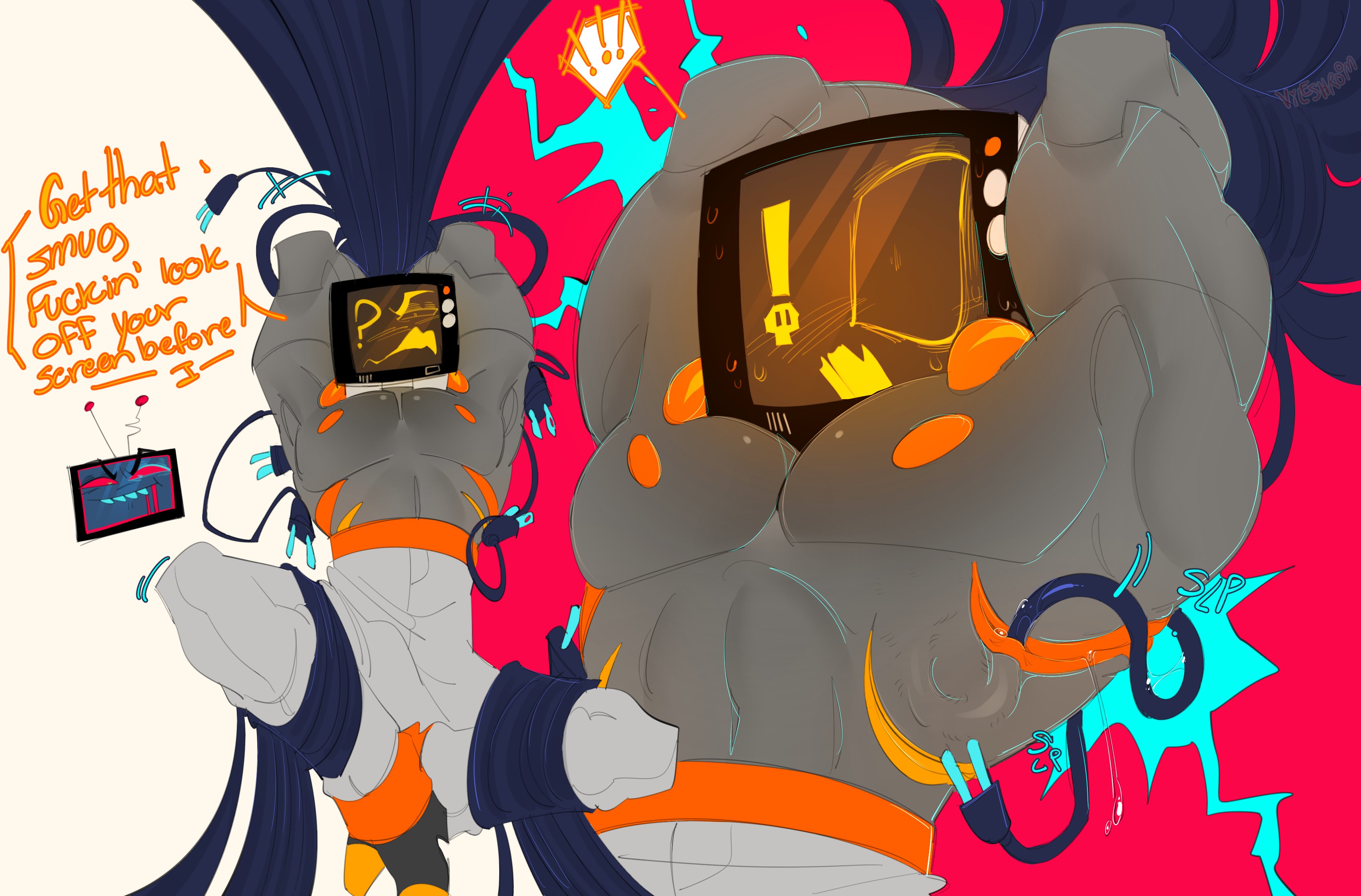 2boys, armpits, bara, barazoku, bileshroom, bondage, gay, gay domination, gay male, hazbin hotel, male, muscular, muscular male, nipples, pecs, pectorals, tied, tied hands, tied up, tv, tv head, tv screen, vice (bileshroom), vox (hazbin hotel), yaoi