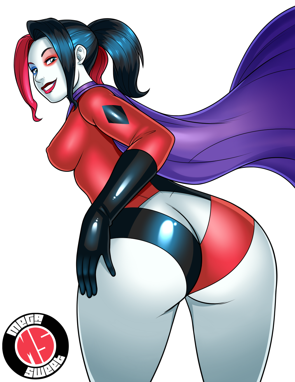 ass, ass crack, ass window, butt crack, canonical scene, dc, dc comics, female, harley quinn, harley quinn (series), megasweet, nipple bulge, official alternate costume, power girl (cosplay), presenting, presenting hindquarters