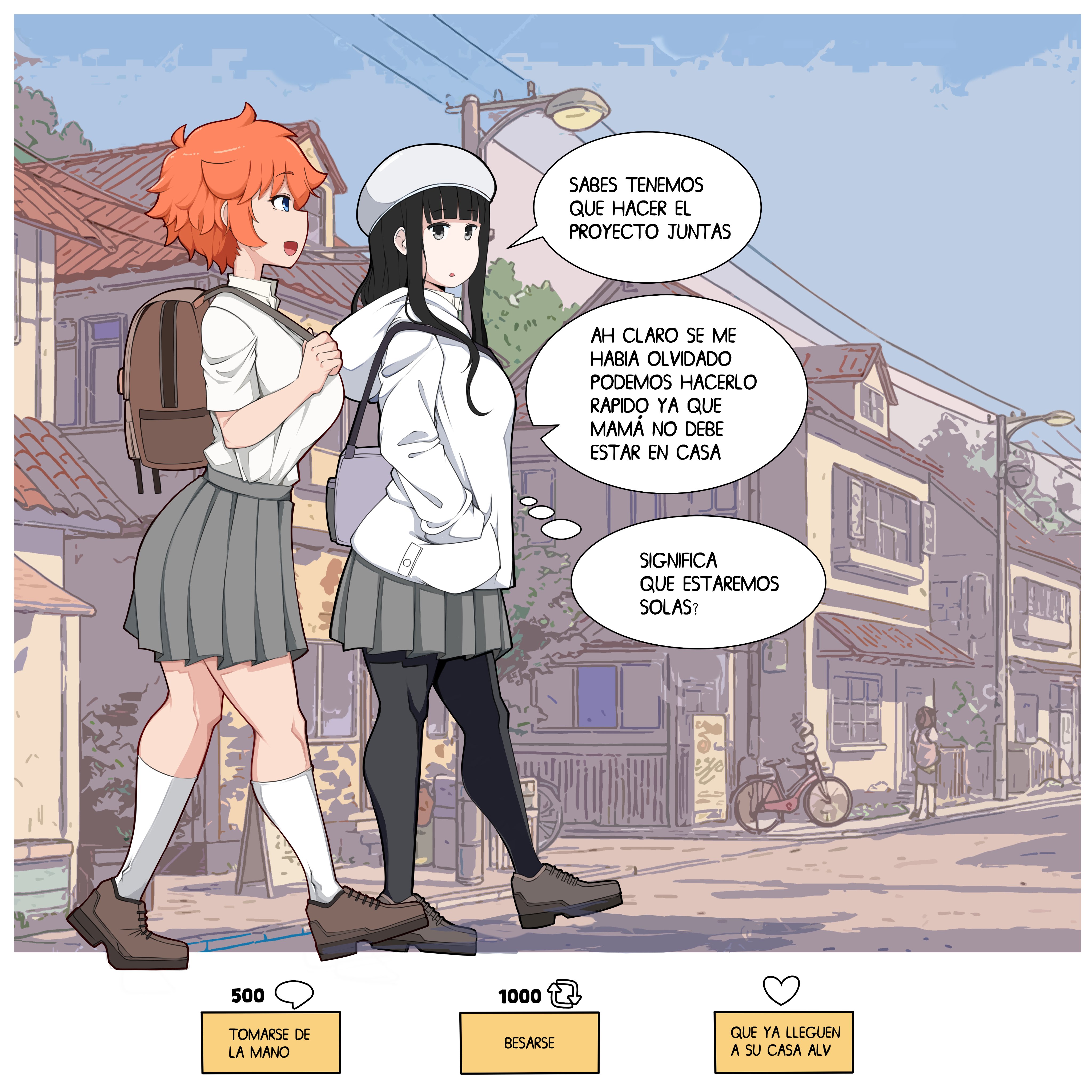 2girls, big breasts, black hair, comicomryu, female, female only, fully clothed, janice (comicomryu), orange hair, ryumxr, solay (comicomryu), spanish text, tagme, translated, twitter strip game, walking, yuri