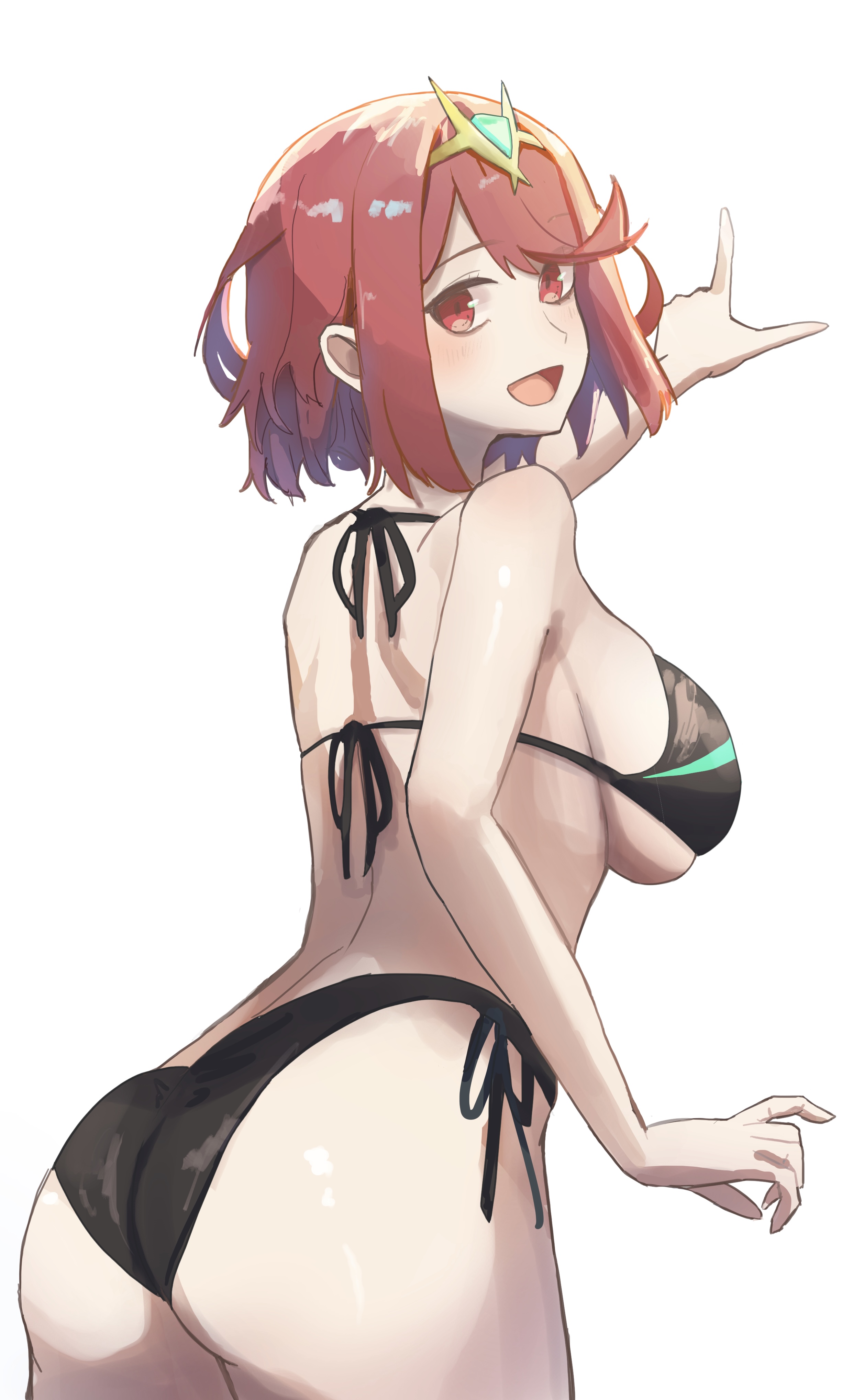 2d, absurdres, amausa subee, ass, bikini, black bikini, breasts, cowboy shot, female, from behind, highres, large breasts, looking at viewer, looking back, open mouth, pointing, pyra, red eyes, red hair, short hair, side-tie bikini bottom, sideboob, simple background, solo, swimsuit, tiara, white background, xenoblade (series), xenoblade chronicles 2