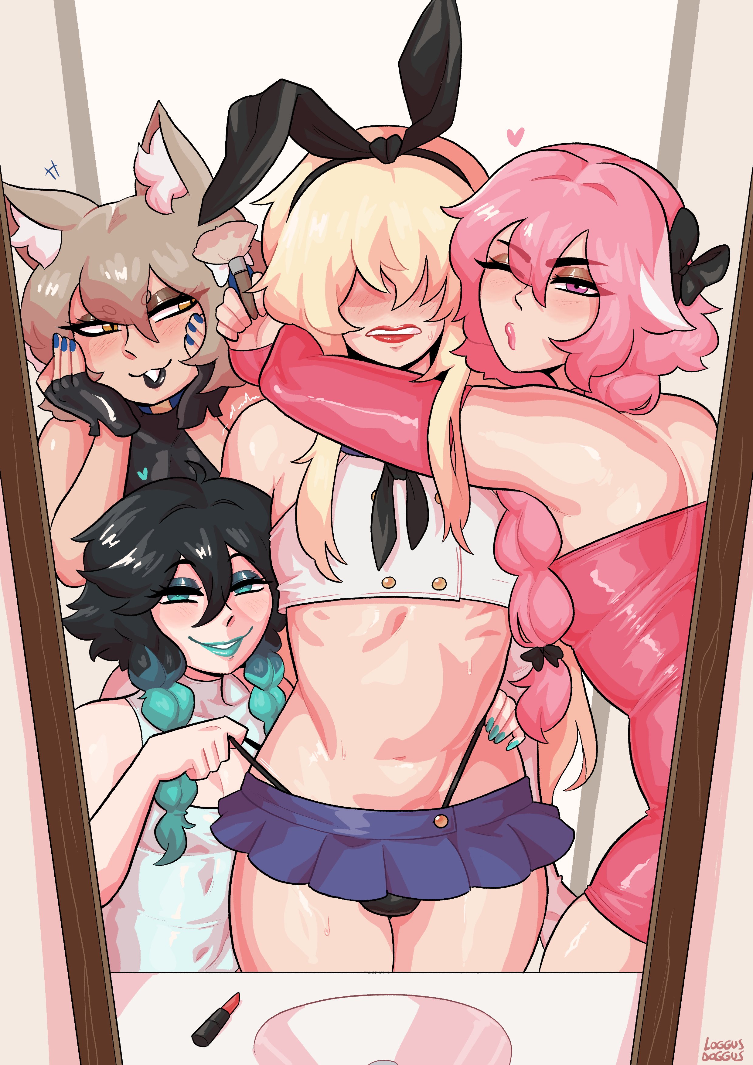 4boys, 4femboys, astolfo (fate), astolfo (fate) (cosplay), black lipstick, blush, bulge, cat ears, catboy, cosplay, crossdressing male, crossover, dress, fate (series), felix argyle, felix argyle (cosplay), femboy, femboy on femboy, femboy only, femboy pov, feminine male, feminization, feminized male, gay, genshin impact, human, kantai collection, lipstick, lipstick tube, locktober, loggus doggus, looking at viewer, male, male only, male pov, mirror, mirror reflection, nail polish, naughty face, one eye closed, painted nails, pink lipstick, pov, re:zero kara hajimeru isekai seikatsu, red lipstick, shimakaze (kantai collection), shimakaze (kantai collection) (cosplay), shimakaze-kun, sissification, sissy, smiling, smiling at viewer, standing, teal lipstick, trap, venti (genshin impact), venti (genshin impact) (cosplay), very high resolution, wide hips, wig, wink, winking at viewer, yaoi