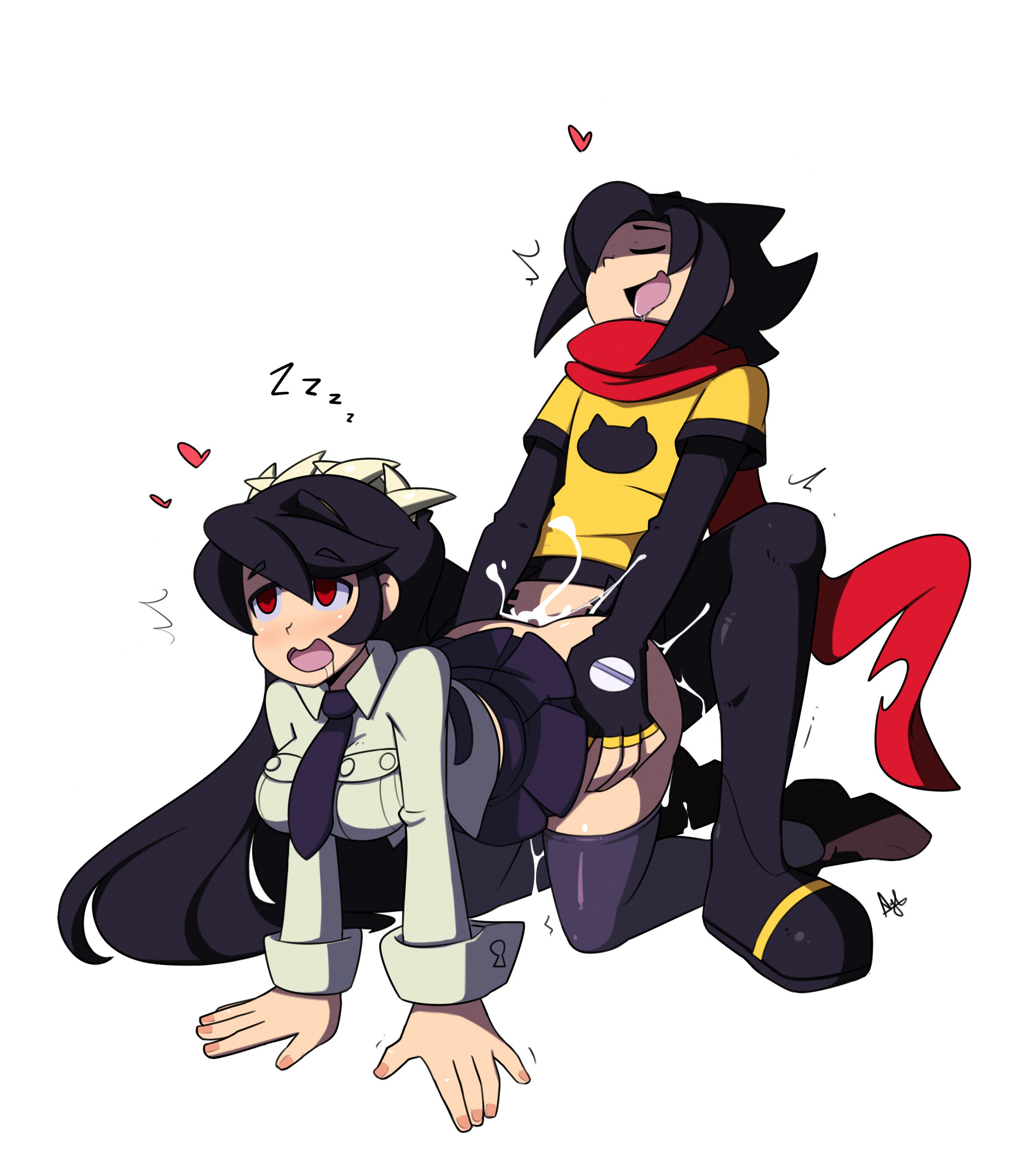 1boy, 1girls, 2019, 2d, ayb, black hair, breasts, cum, ejaculation, female, filia (skullgirls), large breasts, male, miniskirt, necktie, oc, orgasm face, red eyes, samson (skullgirls), scarf, school uniform, sex, shirt, skirt, skullgirls, tagme, thighhighs, thighs