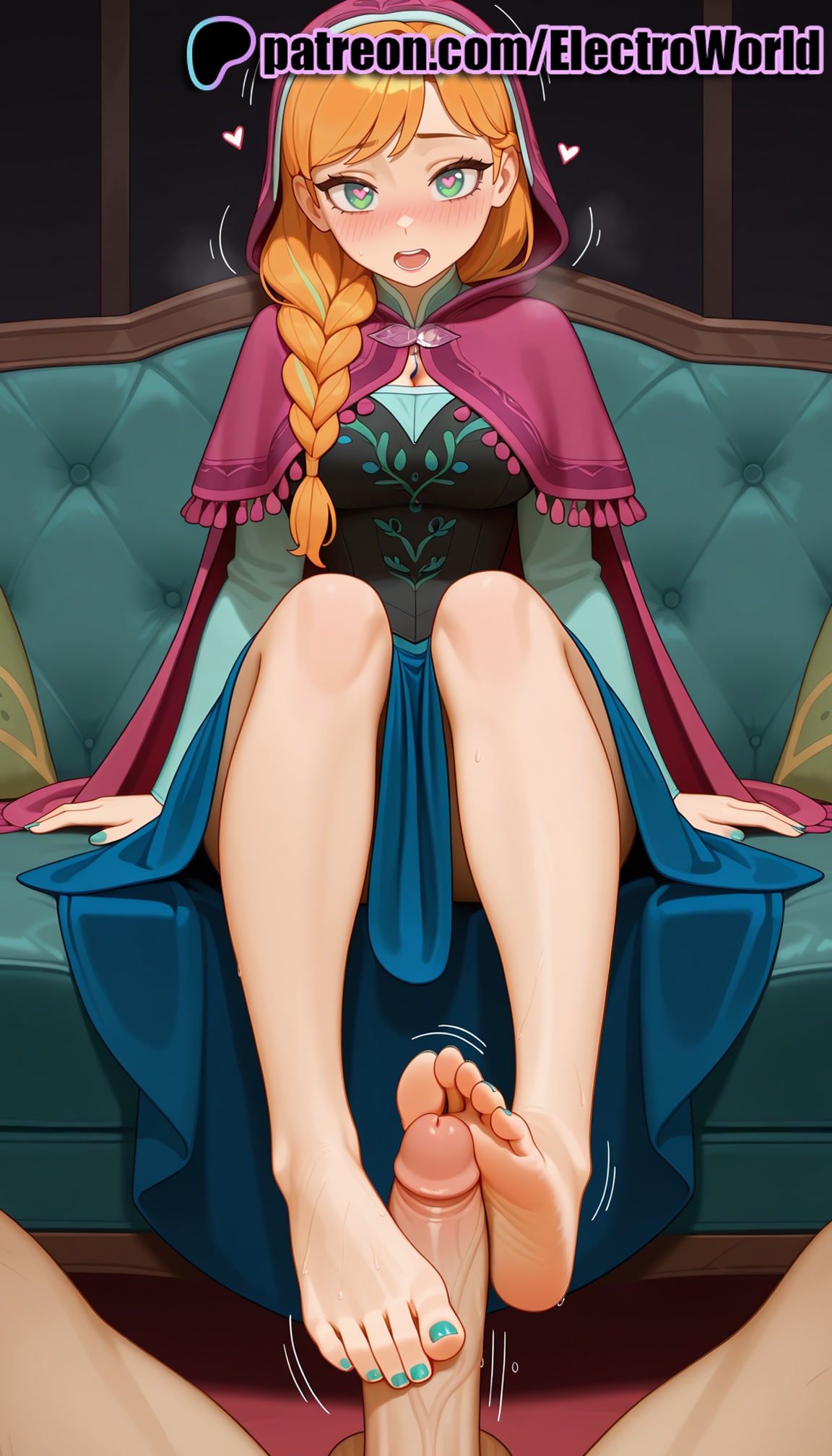 1boy, 1girls, 2025, ai generated, anna (frozen), artist name, barefoot, blue nails, blush, braid, breasts, clothing, cock, dick, disney, dress, electroworld, feet, feet fetish, female, foot fetish, foot play, footjob, frozen (film), green eyes, heart, heart-shaped pupils, hi res, high quality, high resolution, highres, hood, long hair, male, nail polish, orange hair, patreon, patreon username, penis, sitting, small breasts, soles, solo focus, stable diffusion, straight, symbol-shaped pupils, toejob, toenail polish, toenails, toes, two-footed footjob, uncensored, watermark