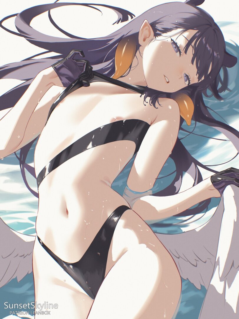 1girls, areola slip, female, flat chest, hip wings, hololive, hololive english, in water, lying on back, mostly nude, navel, ninomae ina'nis, nipple slip, pointy ears, purple hair, small breasts, solo female, sunset skyline, sunsetskyline, tummy, virtual youtuber, vtuber
