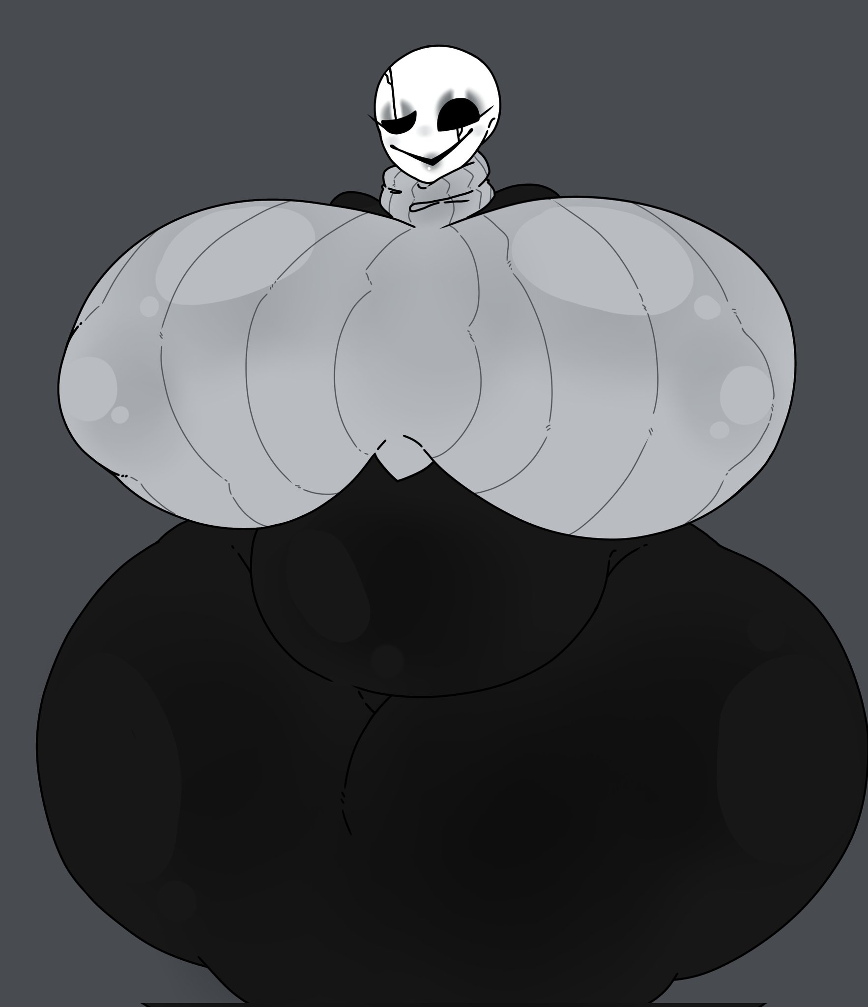 2d, 2d (artwork), belly, big breasts, black dress, breasts, fem gaster, female, female only, gaster, grey background, grey sweater, huge breasts, mysteryman, rule 63, solo, solo female, sweater, tagme, thick thighs, tight clothing, tight dress, turtleneck, turtleneck sweater, undertale, undertale (series), yureikok