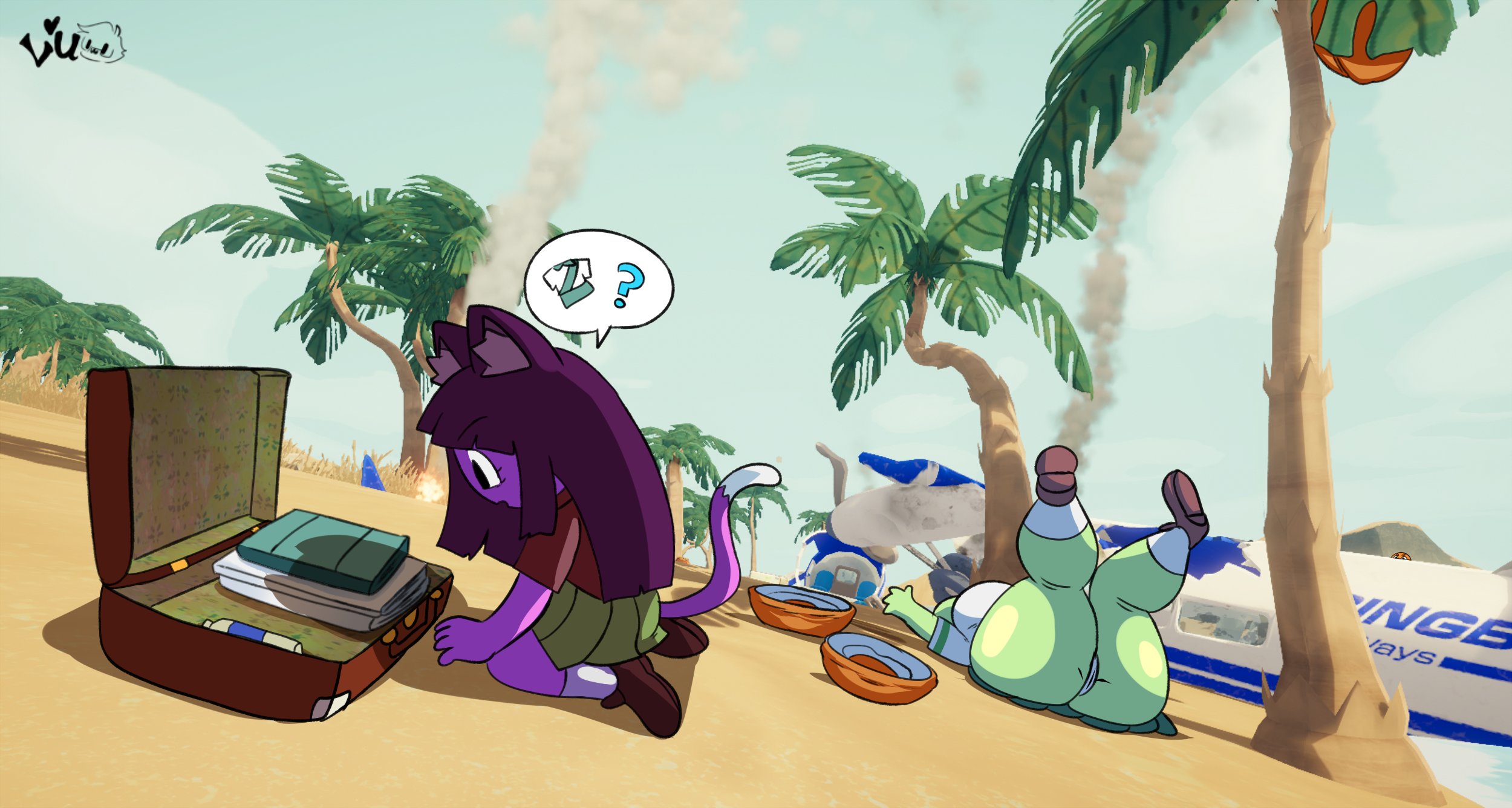 background character, backpack, bottle, brown shirt, brown shoes, cat ears, cat tail, coconut, coconut tree, comic, comic page, deserted island, fallen over, fat ass, feet up, female, fire, grass, green skin, green skinned female, green skirt, helicopter, island, long hair, long hair female, lueduar, lueduartv, luggage, luggage case, mountain, neko, nekomimi, no dialogue, okgaki, palm tree, panties, peak (videogame), peak-chan (okgaki), pink skin, pink skinned female, plane crash, purple hair, purple hair female, pussy, pussy visible through panties, sailor uniform, scout (peak), smoke, speech bubble, stranded, towel, upskirt, upskirt view, visible pussy, white panties, white socks