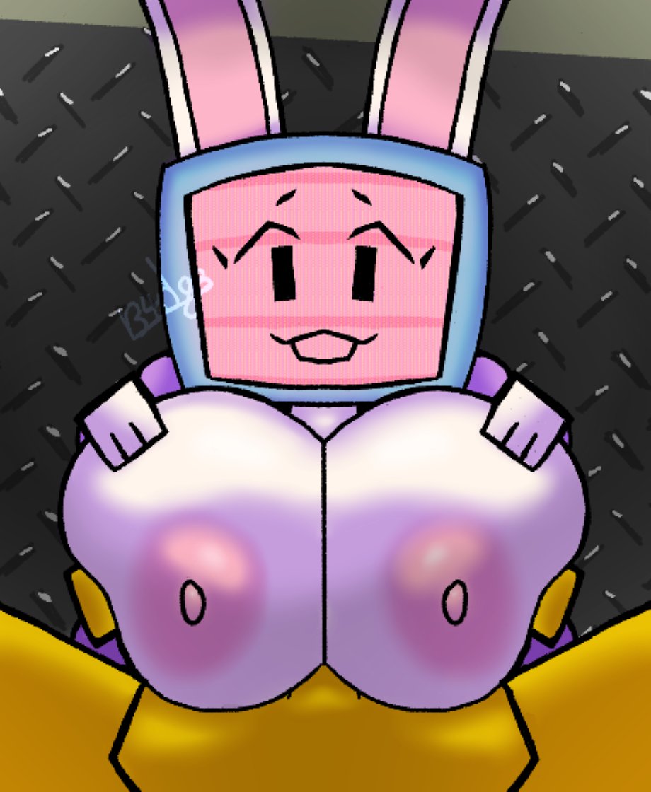 1boy, 1girl, balls, boobjob, breasts, breasts bigger than head, breasts out, elevator, female, groping own breast, hands on breasts, huge breasts, melanie (regretevator), noob (roblox), paizuri, pink screen, purple jacket, r34dg3, rabbit ears, regretevator, tv head, white skin, yellow skin