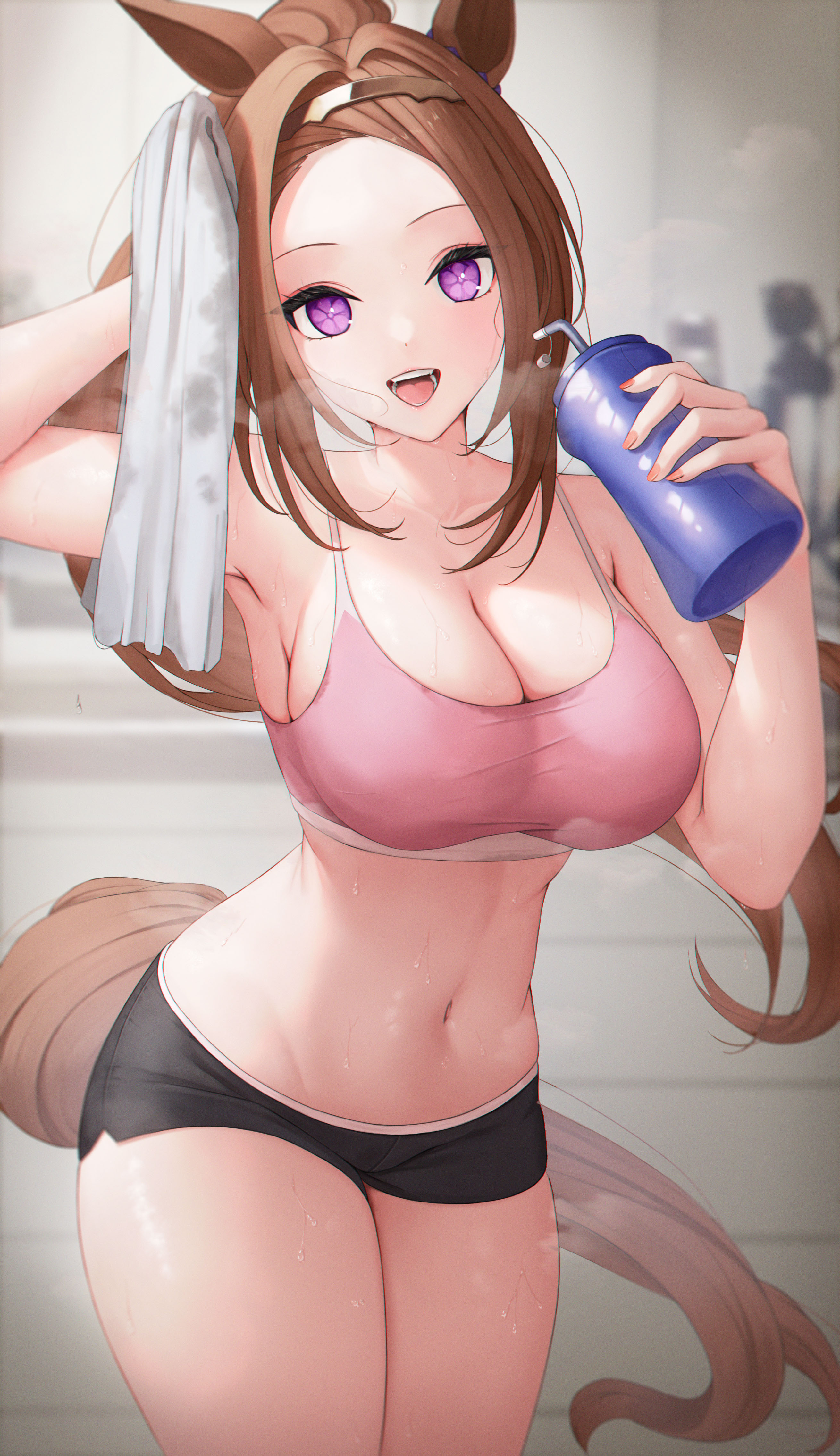 1girls, belly, breasts, brown hair, bsmage, female, female only, large breasts, looking at viewer, purple eyes, sakura bakushin o (umamusume), sports bra, umamusume