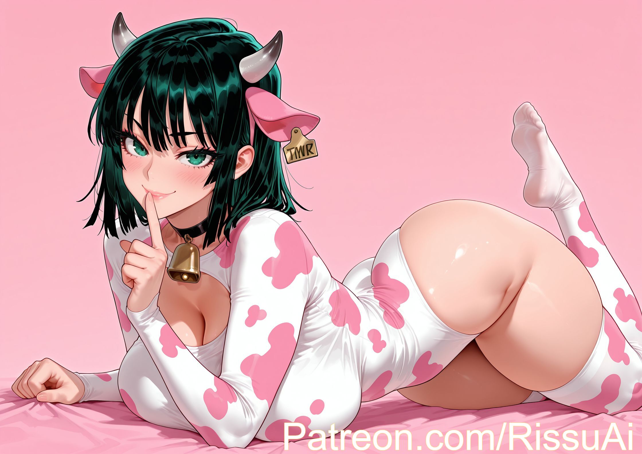 1girls, ai generated, ass up, big ass, big breasts, blush, breasts, cow bell, cow costume, cow ears, curvy, cute, cute face, female, female only, fubuki (one-punch man), green eyes, green hair, looking at viewer, one-punch man, perfect body, pink background, pink clothing, pose, rissuai, sexy, shh, shhhh quiet, short hair, simple background, solo, white costume