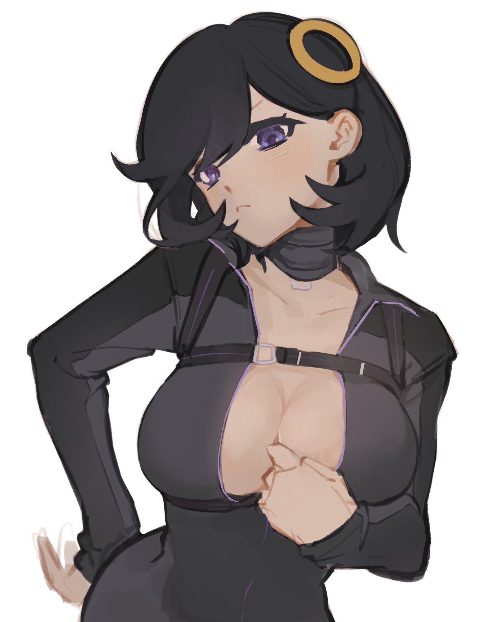 :<, alternate costume, artist request, blush, breasts, cleavage, cosplay, costume, crossover, digimon, digimon story, digimon story: time stranger, emma (pokemon legends: z-a), emma (pokemon), female, game freak, hand on hip, large breasts, matiere (pokemon legends: z-a), matiere (pokemon), nintendo, pokemon, pokemon legends: z-a, round breasts, shiroki asuna, shiroki asuna (cosplay), solo, tomboyish, white background
