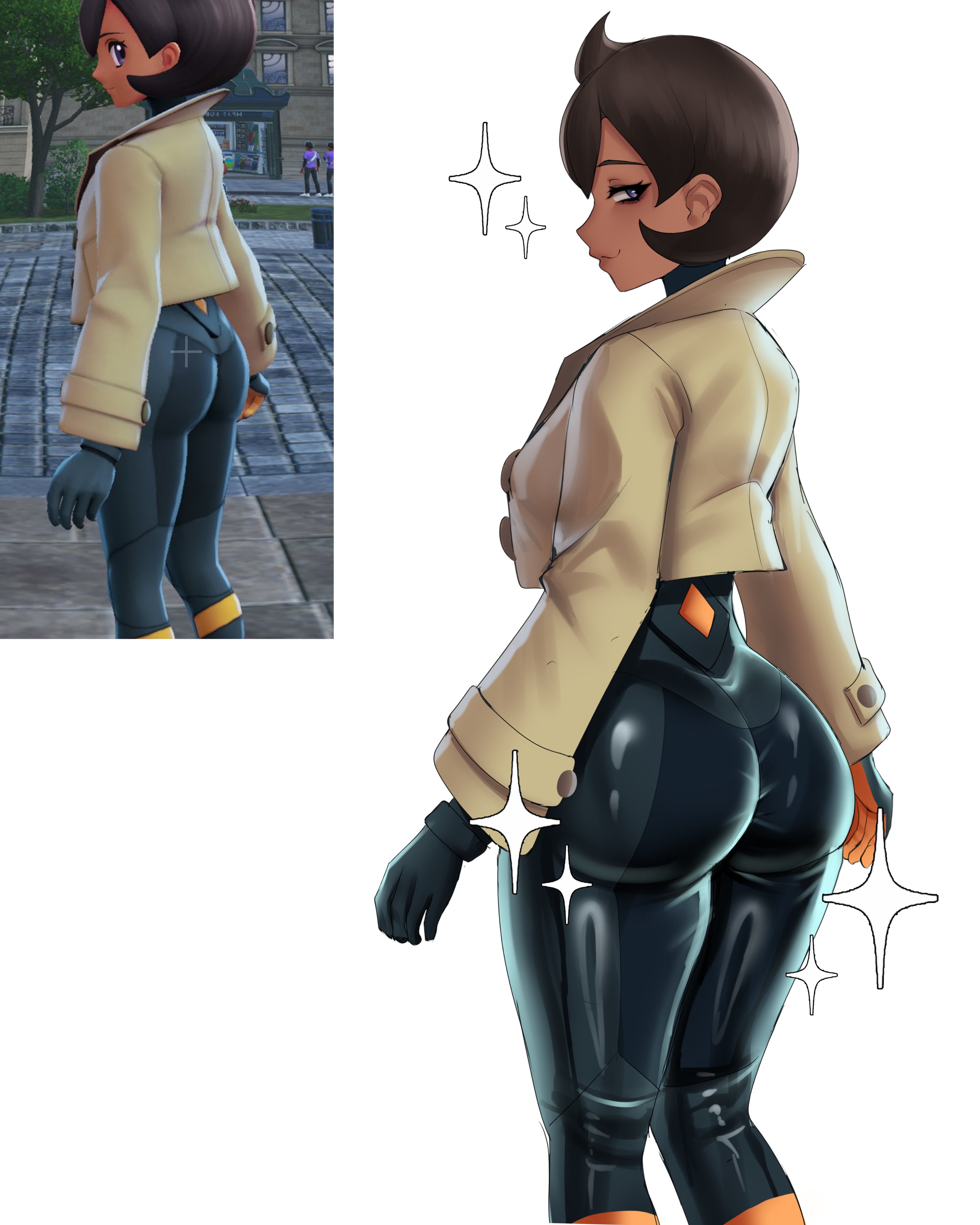 1girls, absurdres, ass, ass focus, black bodysuit, black gloves, black hair, bodysuit, brown hair, closed mouth, cooterzi, emma (pokemon legends: z-a), emma (pokemon), female, female only, from behind, game freak, game screenshot inset, gloves, grey eyes, highres, jacket, looking back, matiere (pokemon legends: z-a), matiere (pokemon), multiple views, nintendo, pokemon, pokemon legends: z-a, reference image, short hair, simple background, skin tight, smile, sparkle, tomboyish, white background, yellow jacket