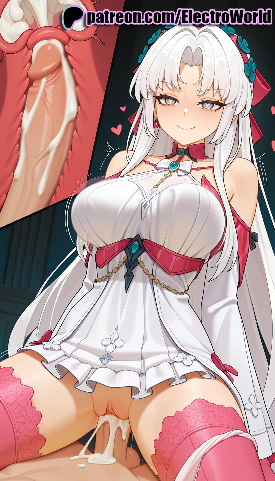 1boy, 1girls, 2025, ai generated, artist name, bangs, bare shoulders, blush, breasts, bust, carlotta (wuthering waves), cervix, chest, clitoral hood, clitoris, clothed sex, cock, cowgirl position, cross section, cum, cum in pussy, deep penetration, dick, dress, ejaculation, electroworld, exposed pussy, eyebrows visible through hair, female, female on top, fucking, hair flower, hair ornament, heart, heart-shaped pupils, hi res, high quality, high resolution, highres, intercourse, internal cumshot, juicy pussy, legs apart, legs spread, long hair, looking at viewer, love making, male, open legs, overflow, panties, panties around one leg, patreon, patreon username, penetration, penis, pink panties, pussy, riding, sex, sexual intercourse, smile, solo focus, splayed legs, spread legs, stable diffusion, straddling, straight, symbol-shaped pupils, thighhighs, tight pussy, uncensored, underwear, urethra, uterus, vagina, vaginal penetration, very long hair, watermark, white dress, wuthering waves
