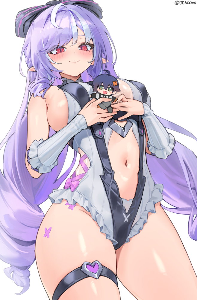 1girls, armwear, belle (zenless zone zero), belly button, big breasts, blush, breasts, character doll, covered erect nipples, doll, female, female only, jtveemo, leotard, long hair, looking at viewer, low-angle view, navel, official alternate costume, red eyes, smile, swimsuit, thigh strap, vivian (zenless zone zero), vivian banshee, vivian banshee (iris of the shore), zenless zone zero