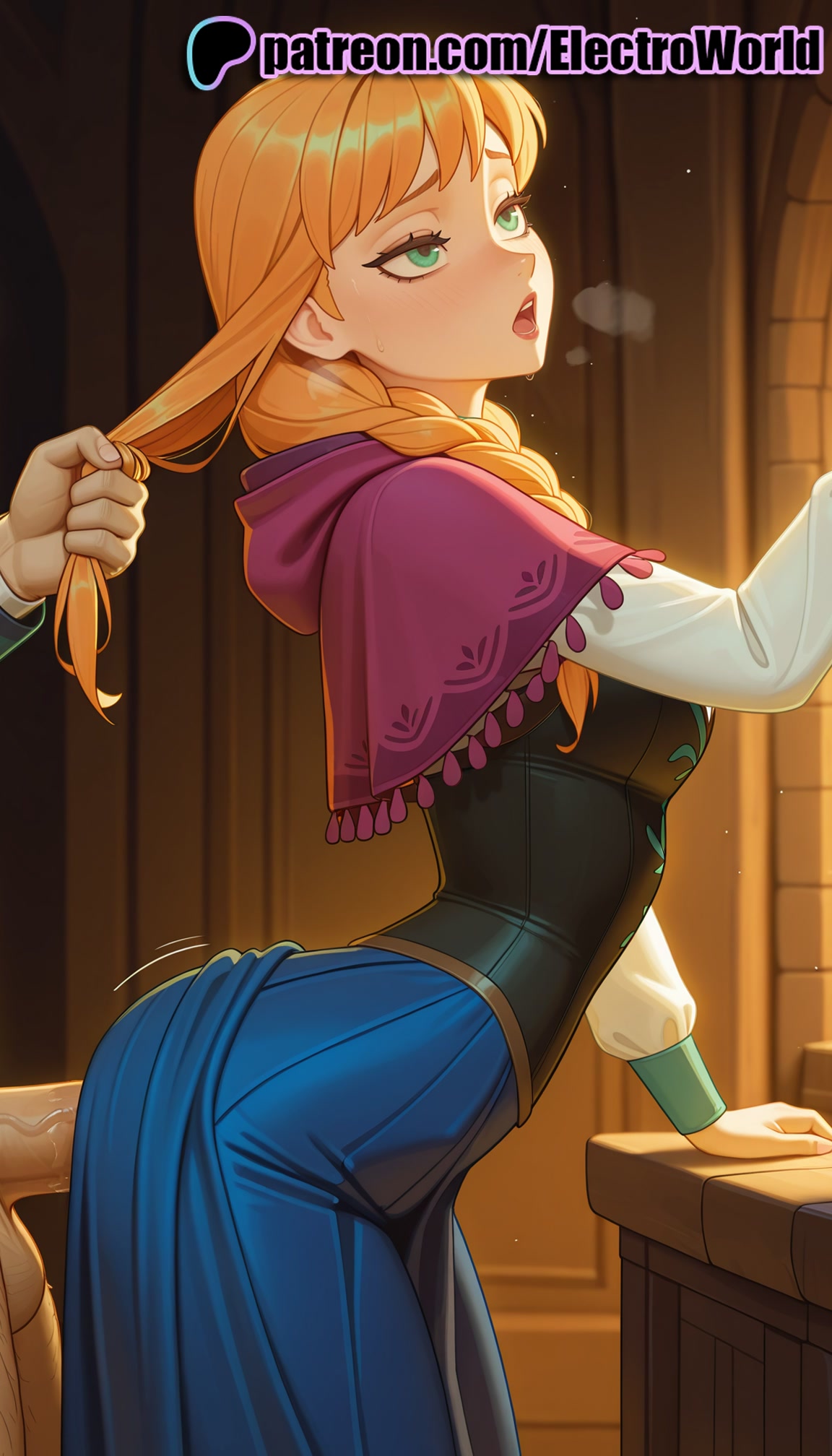 1boy, 1girls, 2025, ai generated, anna (frozen), artist name, blonde hair, braid, breasts, clothed sex, clothing, cock, dick, disney, dress, electroworld, female, frozen (film), green eyes, hi res, high quality, high resolution, highres, hood, long hair, male, open mouth, patreon, patreon username, penis, small breasts, stable diffusion, straight, uncensored, watermark