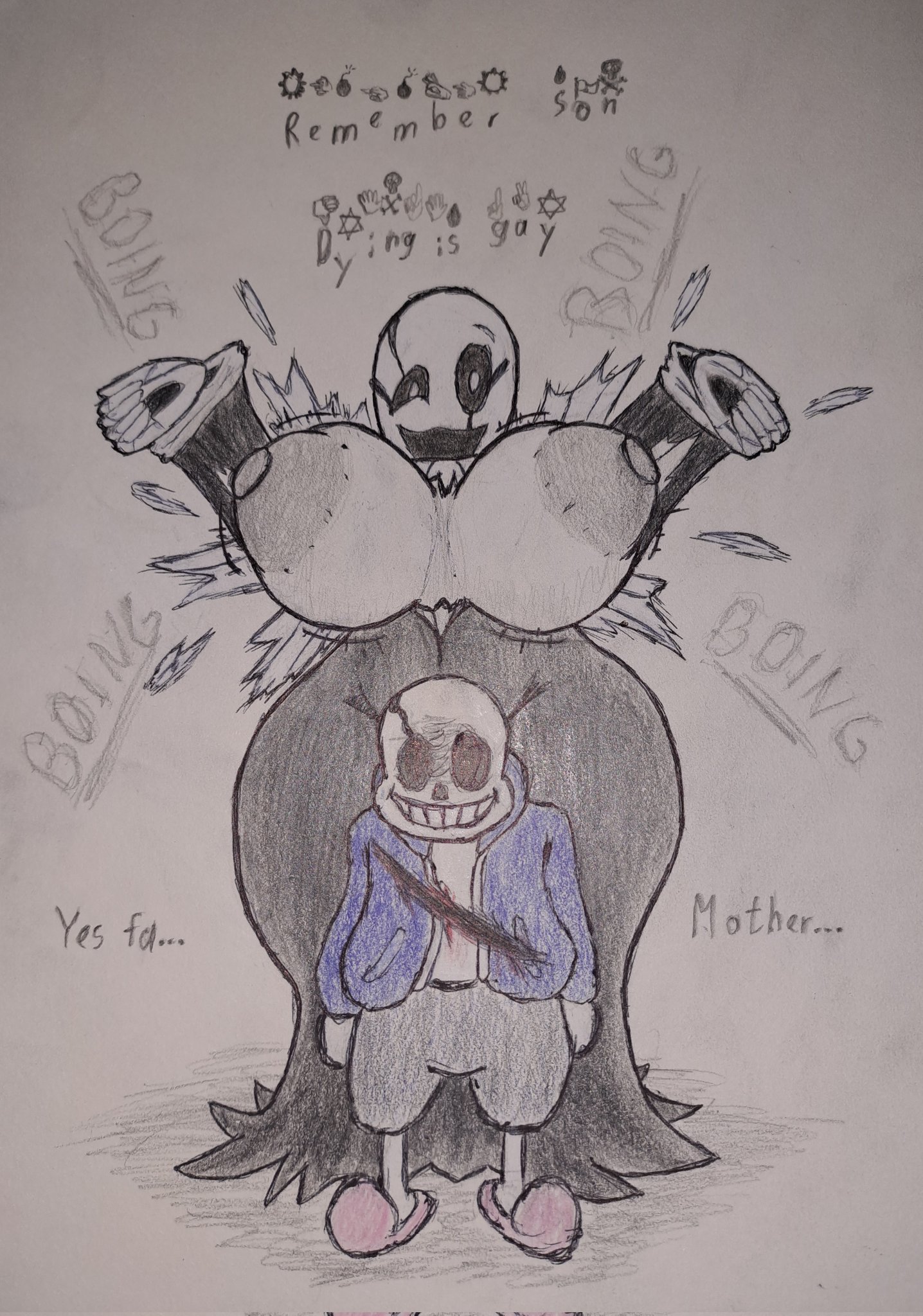 1boy, 1boy1girl, 2d, big breasts, black dress, boing, breasts, fem gaster, female, gaster, graphite (artwork), graphite (medium), male, mystery man (undertale), mysteryman, onomatopoeia, sans, sokowyty, text, tight clothing, tight dress, undertale, undertale (series), undertale last breath, wardrobe malfunction, white body, wingdings, wingdings text