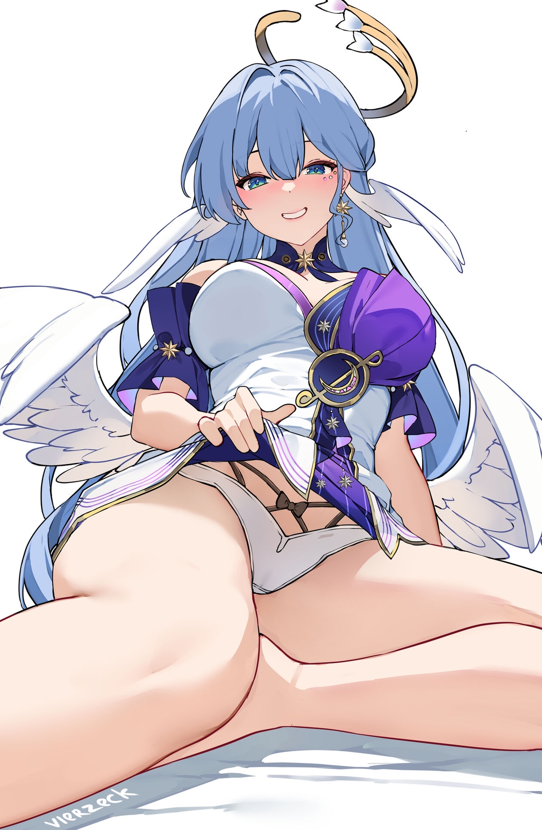 1girls, blue hair, female, green eyes, honkai: star rail, long hair, looking at viewer, panties, robin (honkai: star rail), smile, smiling at viewer, solo, solo female, vierzeck, white background, white panties, wings, wings on head