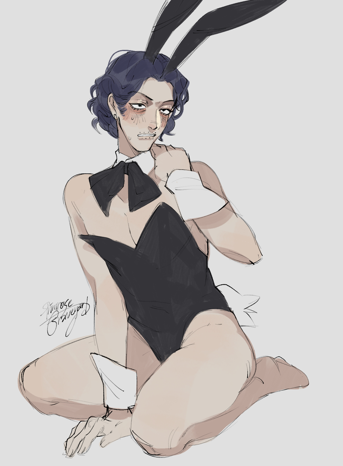 blush, bunny ears, bunny tail, bunnysuit, crossdressing, curly hair, detached collar, full body, male, male only, male playboy bunny, no, i'm not a human, pale skin, pale-skinned male, primroses grave, purple hair, sitting, solo, sweatdrop, thick thighs, wireface (no, i'm not a human)