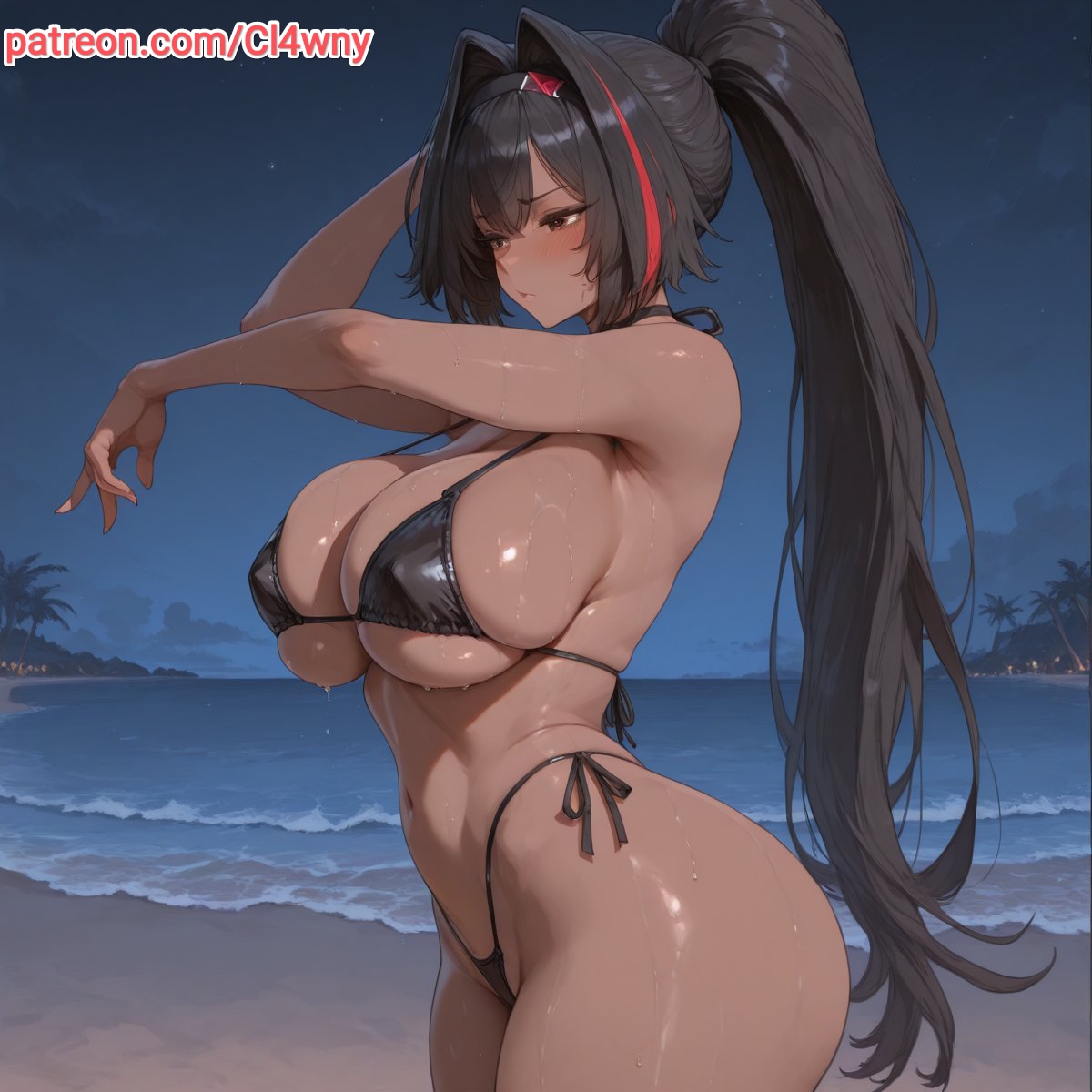 1girls, 2025, 2d, ai assisted, ai generated, bay (nikke), beach, beach background, big ass, big breasts, big butt, bikini, bikini bottom, bikini top, black hair, blush, breasts, cl4wny, curvaceous, curvy, curvy body, curvy female, curvy figure, dark skin, dark-skinned female, erotic, female, goddess of victory: nikke, huge ass, huge breasts, large breasts, long hair, night, night sky, perfect body, ponytail, pose, posing, posing for the viewer, sexy, thick thighs