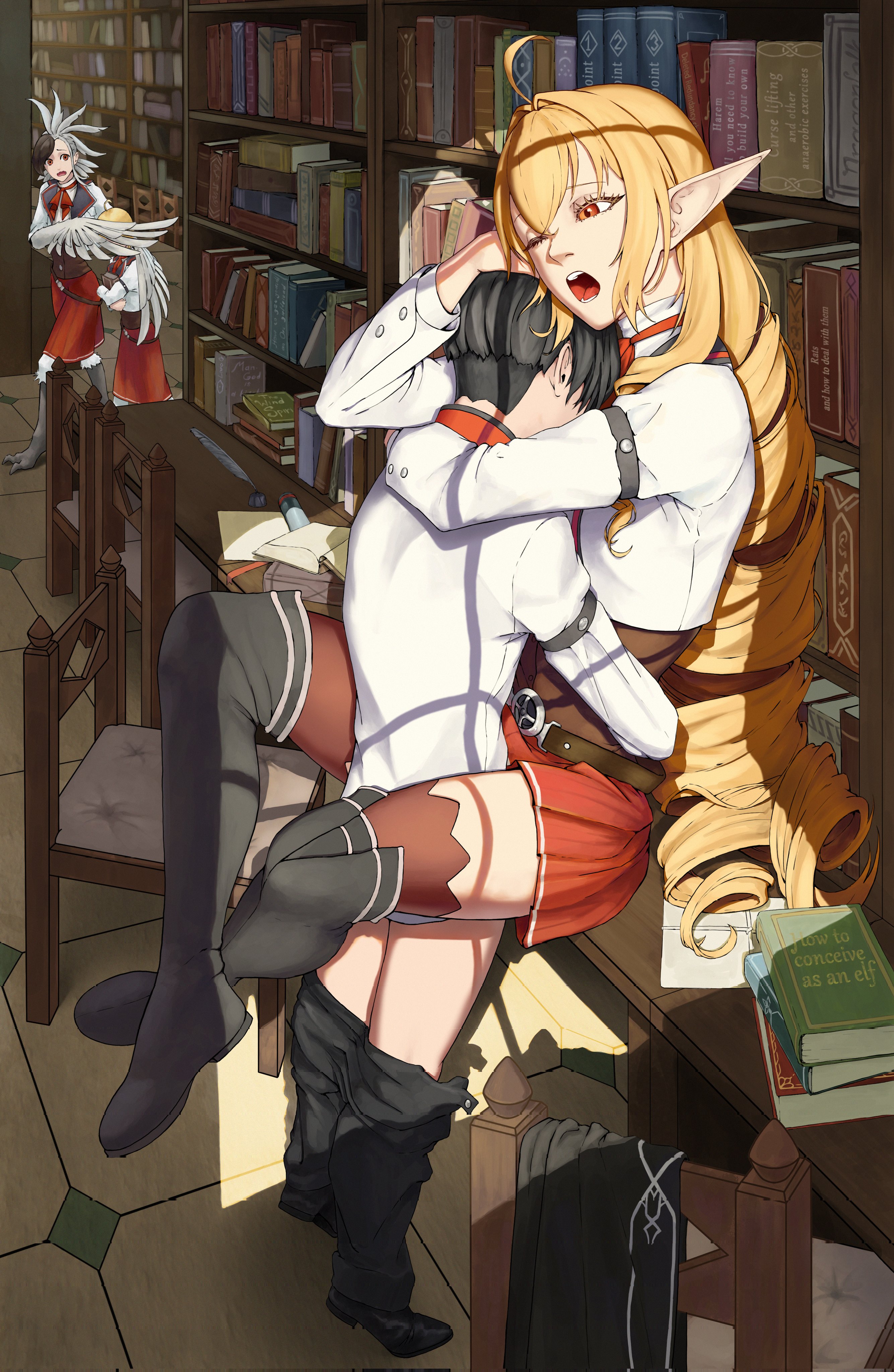 absurd res, aqwariate, blonde female, blonde hair, caught in the act, cliff grimoire, clothed sex, dark hair, elf, elf female, elinalise dragonroad, female, highres, hugging, library, melissa (mushoku tensei), mushoku tensei, norn greyrat, pants down, sex
