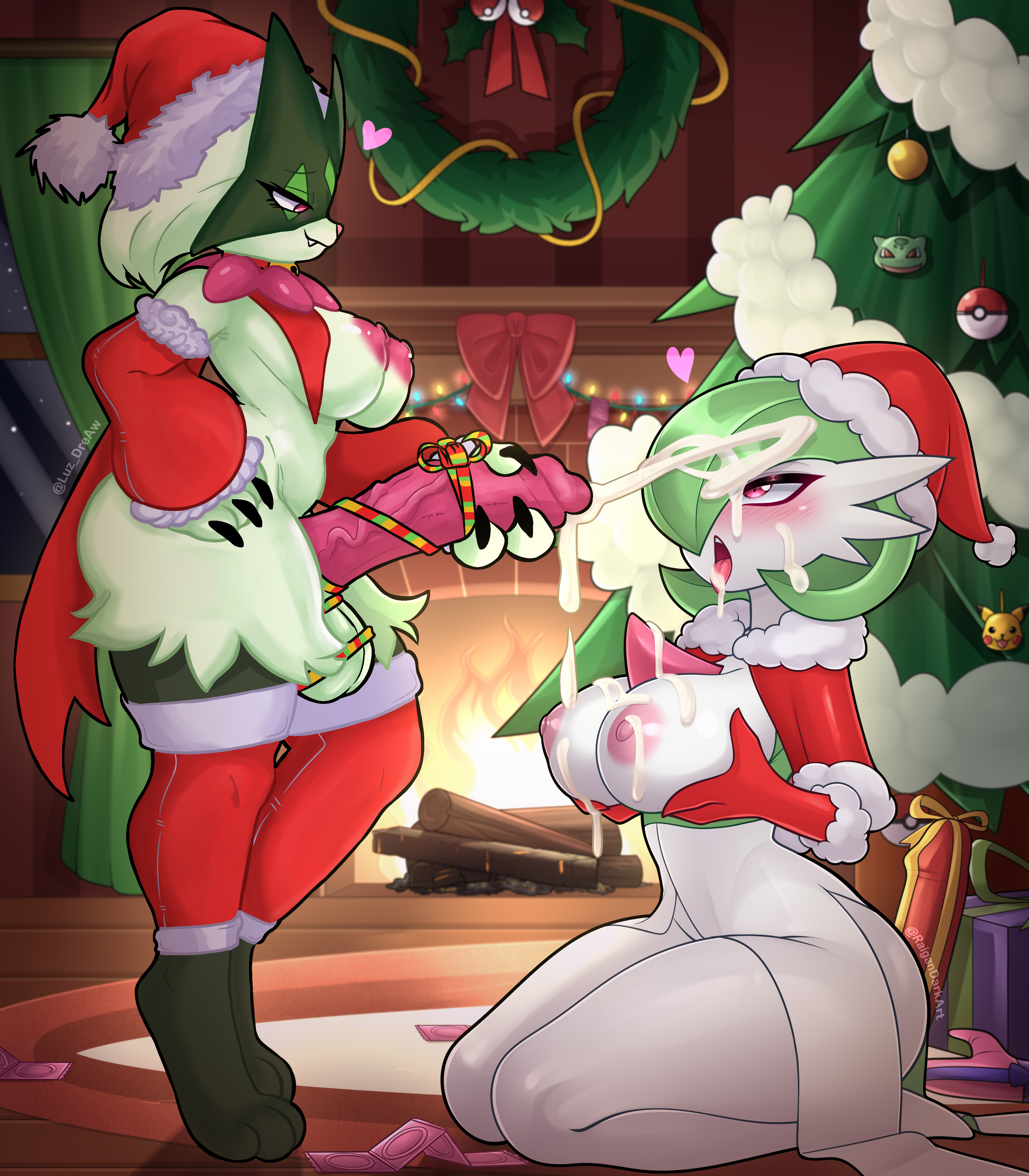 absurd res, anthro, areola, bedroom eyes, bent legs, big breasts, big penis, blush, blush lines, bodily fluids, breasts, christmas, christmas clothing, christmas decorations, christmas headwear, christmas tree, claws, clothed, clothing, condom, condom wrapper, costume, cum, cum on breasts, cum on face, cum on tongue, cumshot, decoration, digital drawing (artwork), digital media (artwork), duo, ejaculation, female, fire, fireplace, furry, gardevoir, generation 3 pokemon, generation 9 pokemon, genital fluids, genitals, gloves, gynomorph, handwear, hat, headgear, headwear, heart symbol, hi res, holding breast, holding penis, holidays, intersex, intersex/female, kneeling, large breasts, log, luz dreaw, masturbation, meowscarada, narrowed eyes, night, nintendo, open mouth, penis, plant, pokeball, pokemon, pokemon (species), presenting, raigan draws, raigandraws, ribbon on penis, ribbons, rug, santa costume, santa hat, seductive, sexual barrier device, smile, tongue, tongue out, tree, unused condom, wood, wreath