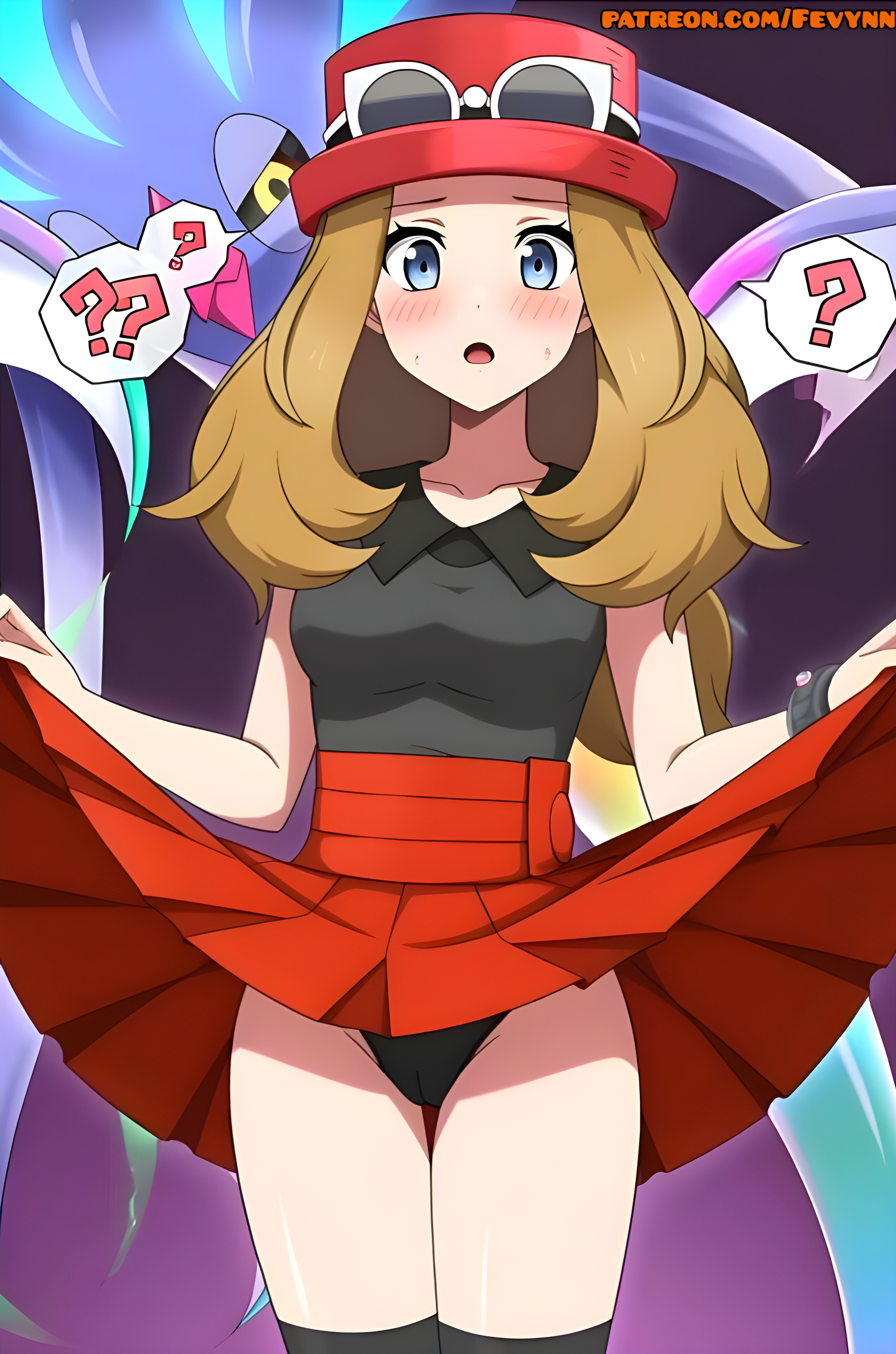 ai generated, black panties, blue eyes, brown hair, lifting skirt, pokemon, serena (pokemon), thighs