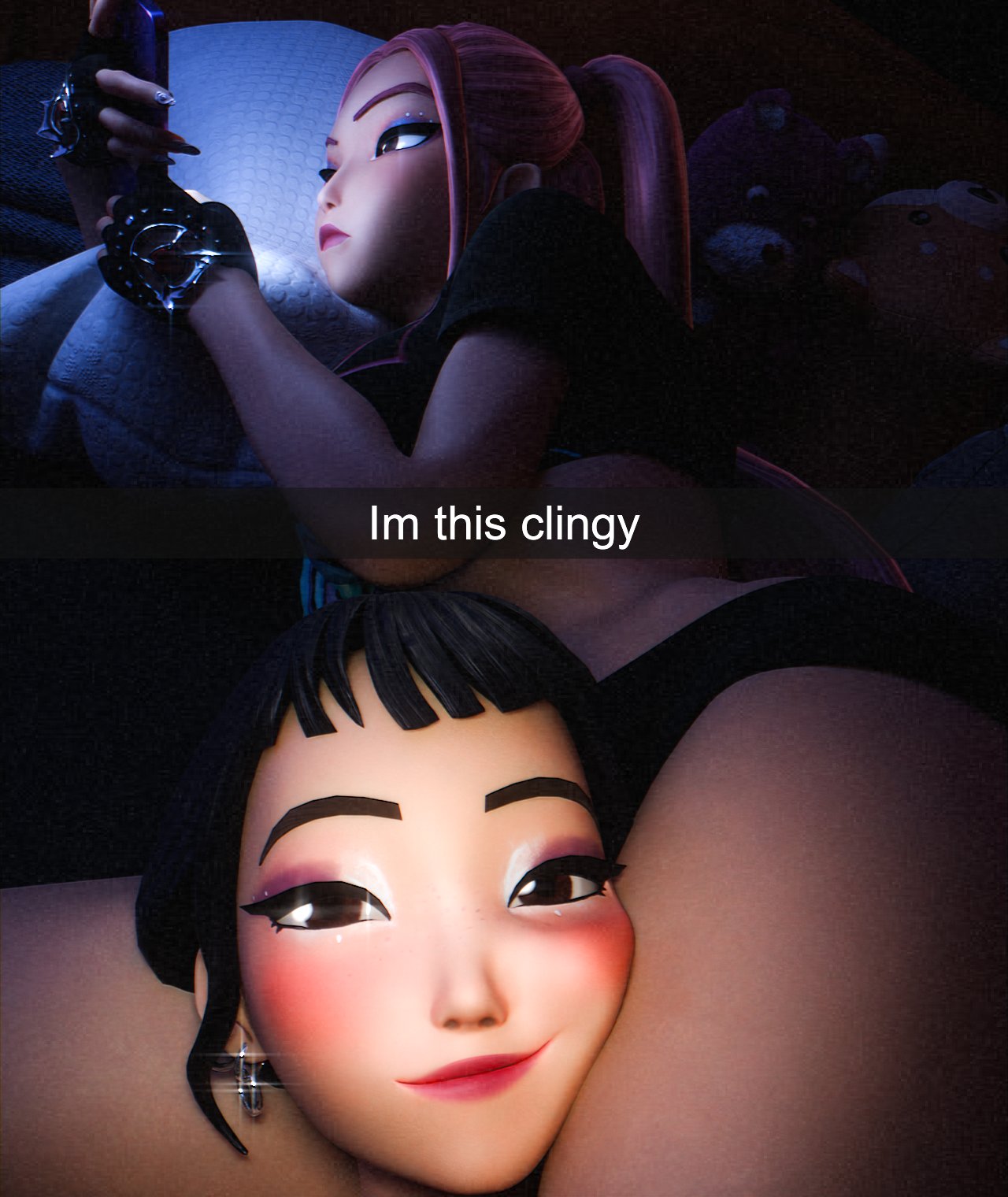 2girls, 3d, ass, big ass, big breasts, breasts, bust, busty, clingy, curvaceous, curvy, curvy figure, female, gigaenjoyer, hips, hourglass figure, huge ass, huge breasts, huntrix, im this clingy (meme), kpop demon hunters, large ass, large breasts, light skin, light-skinned female, mature, mature female, mira (kpop demon hunters), multiple females, multiple girls, slim waist, thick, thick hips, thick legs, thick thighs, thighs, voluptuous, waist, wide hips, zoey (kpop demon hunters)