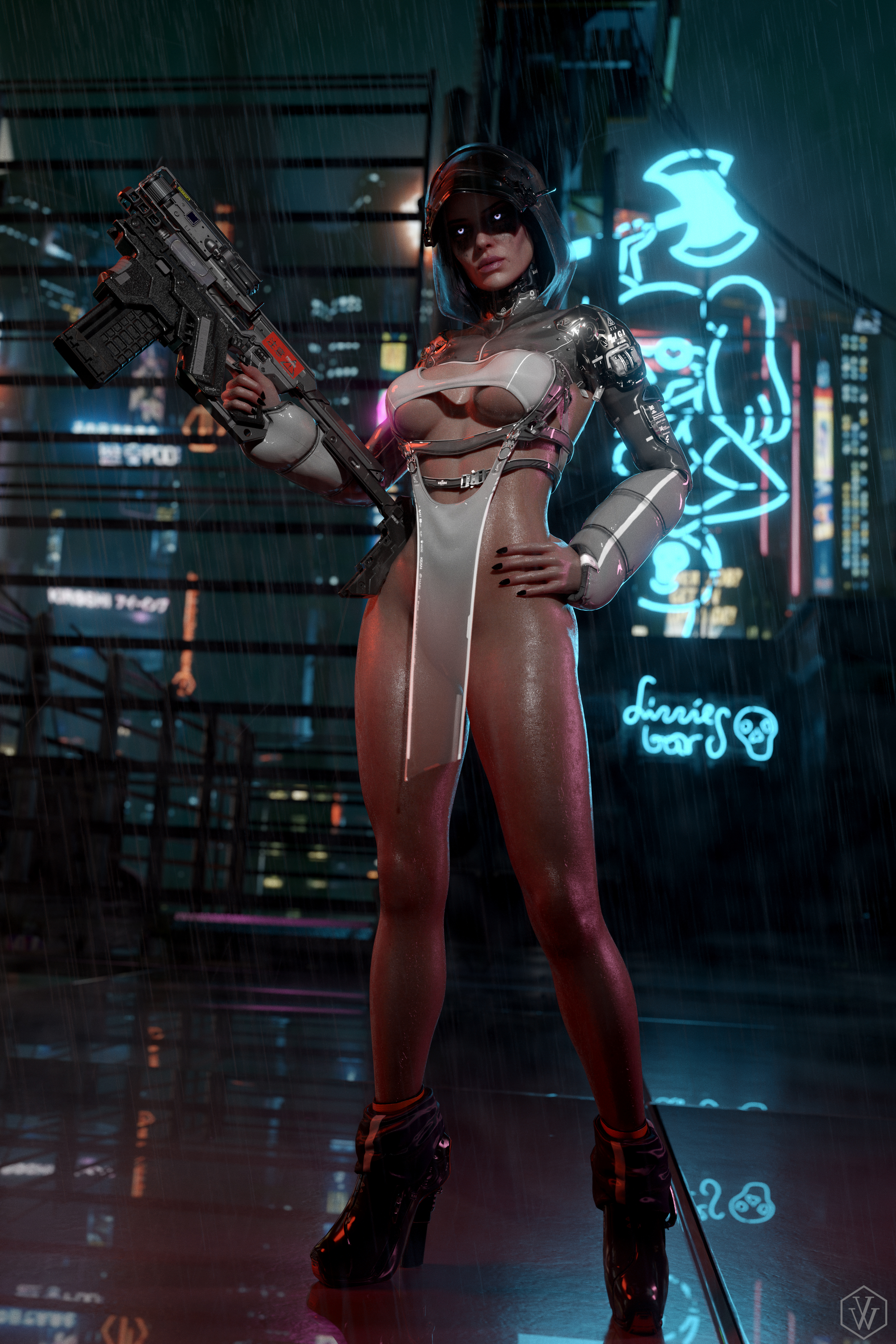 1girls, 3d, bare legs, bare thighs, cyberpunk 2077, female, gun, hood, neon lights, raining, revealing clothes, the witcher (series), translucent clothing, v01dwatcher, wet, wet body, wet skin, yennefer
