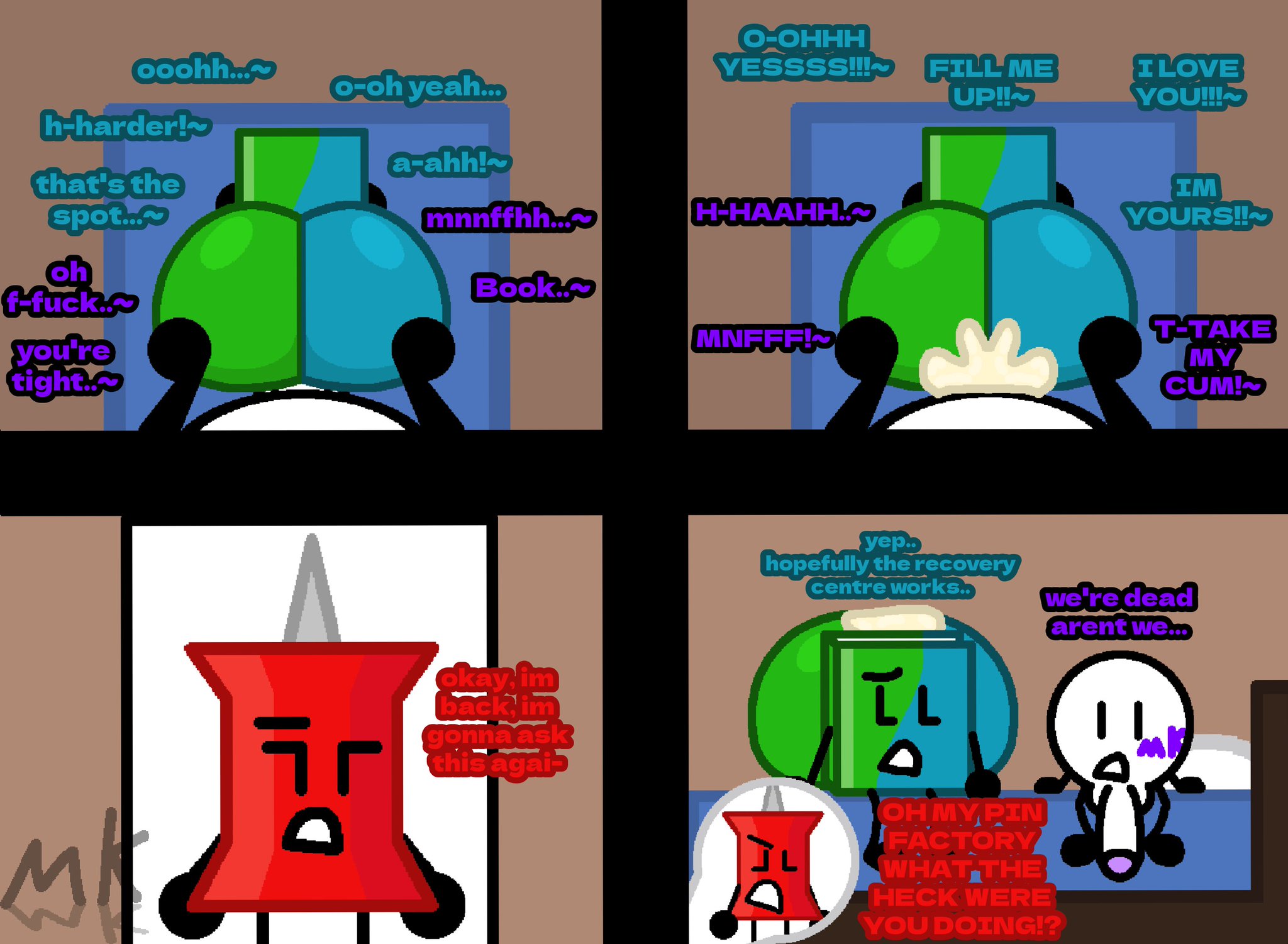 1boy, 1femboy, 2girls, anal, anal penetration, anal sex, ass, battle for dream island, bed, bedroom, bedroom sex, bfdi, big ass, book (bfdi), caught, caught in the act, comic, cum, cum inside, cum inside ass, fucked on bed, fucking on bed, marklimarko, mini comic, minicomic, mk ball (marklimarko), object show, object show community, object shows, oc x canon, pin (bfdi), plap, plapping, plapping ass, sex, sex on bed, yumeship, yumeshipping