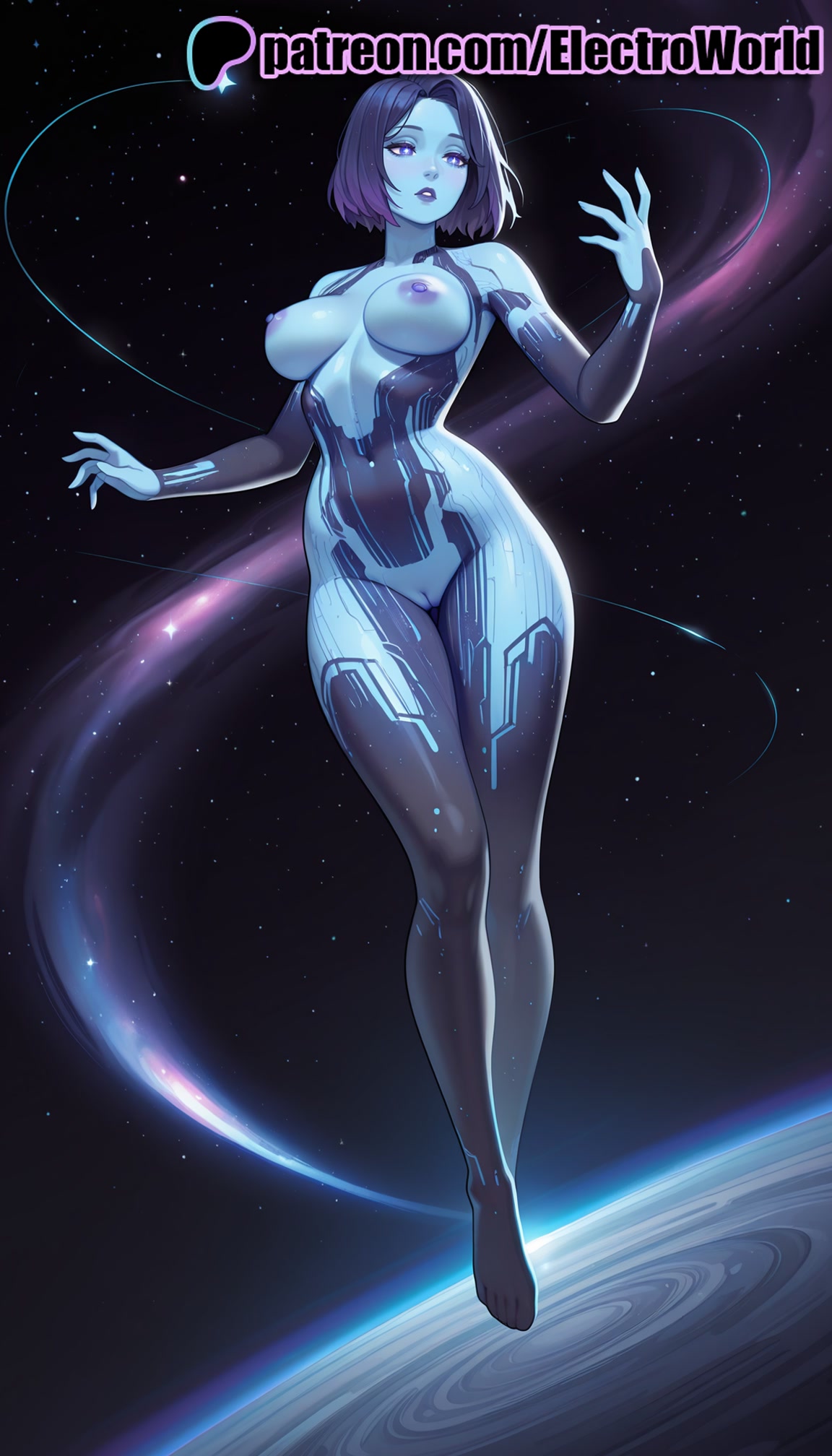 1girls, 2025, ai generated, alien, artist name, aurora, blue skin, breasts, colored skin, cortana, electroworld, female, halo (game), halo (series), hi res, high quality, high resolution, highres, horizon, nipples, nude, patreon, patreon username, planet, purple nipples, solo, space, stable diffusion, star (sky), starry background, starry sky, watermark